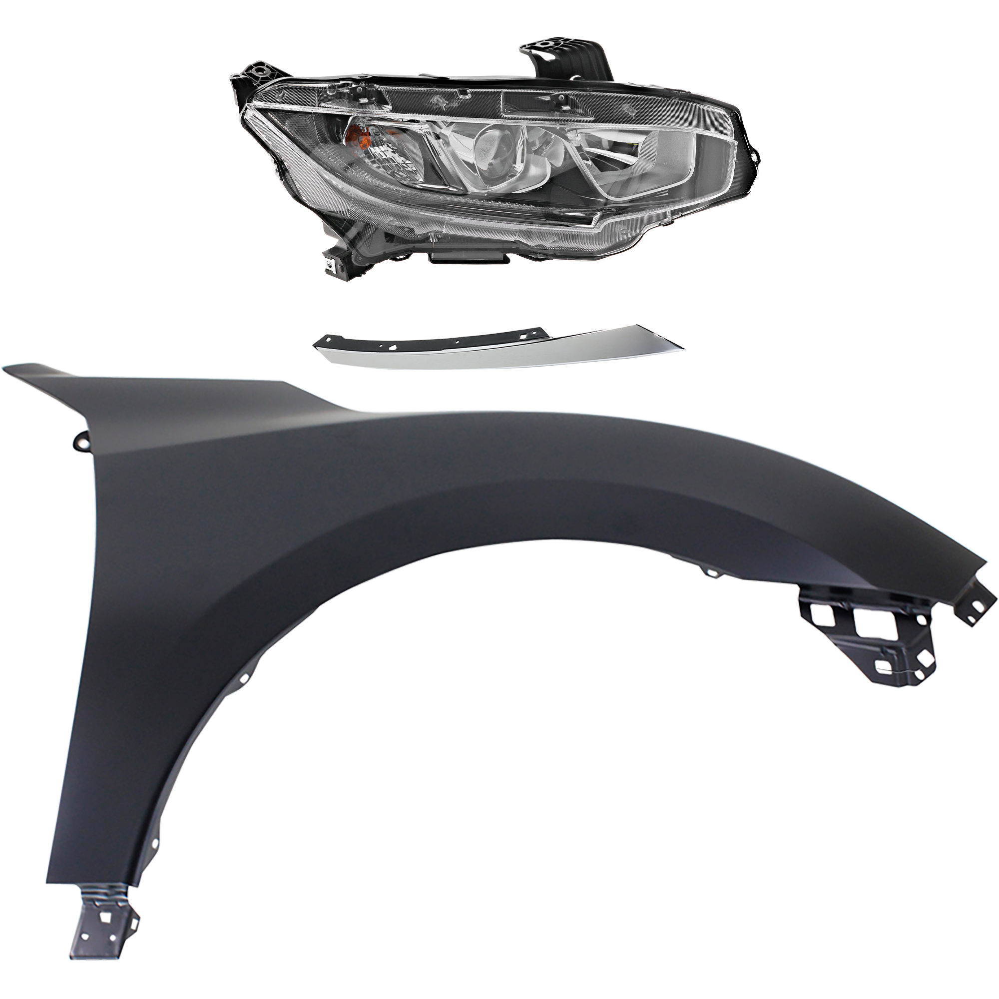 AM CIVIC 16-18 HEAD LAMP RH Assembly Halogen 3 pc Kit with Fender and Grille Extension SKU KIT 030323-23501 Partslink HO2503173 HO1241192 HO1213117 OEM 33100TBAA01-60211TBAA00ZZ 7112