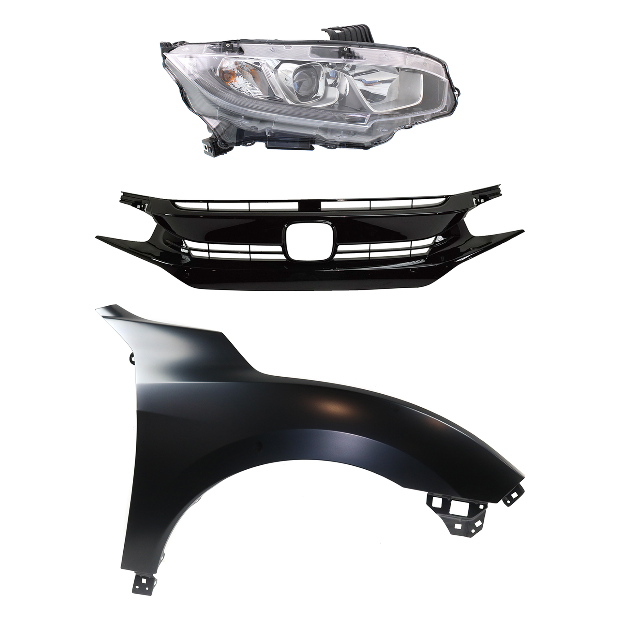AM CIVIC 17-18 HEAD LAMP RH Assembly Halogen 3 pc Kit with Fender and Grille SKU KIT 030323-23701 Partslink HO2503173 HO1241195 HO1200235 OEM 33100TBAA01-60211TGGA00ZZ 7112