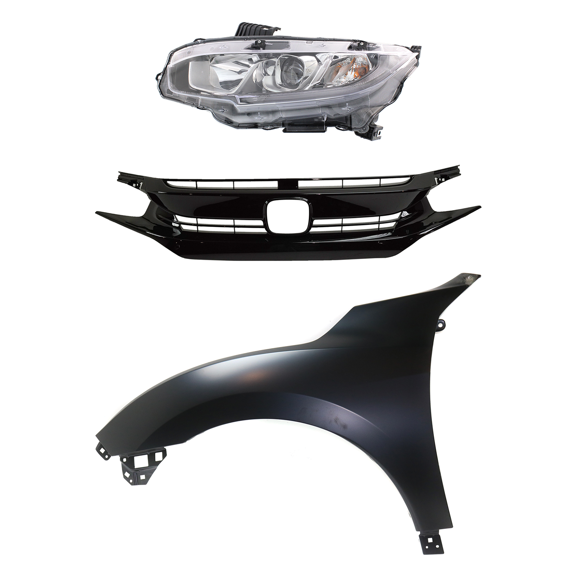AM CIVIC 17-18 HEAD LAMP LH Assembly Halogen 3 pc Kit with Fender and Grille SKU KIT 030323-23702 Partslink HO2502173 HO1240195 HO1200235 OEM 33150TBAA01-60261TGGA00ZZ 7112