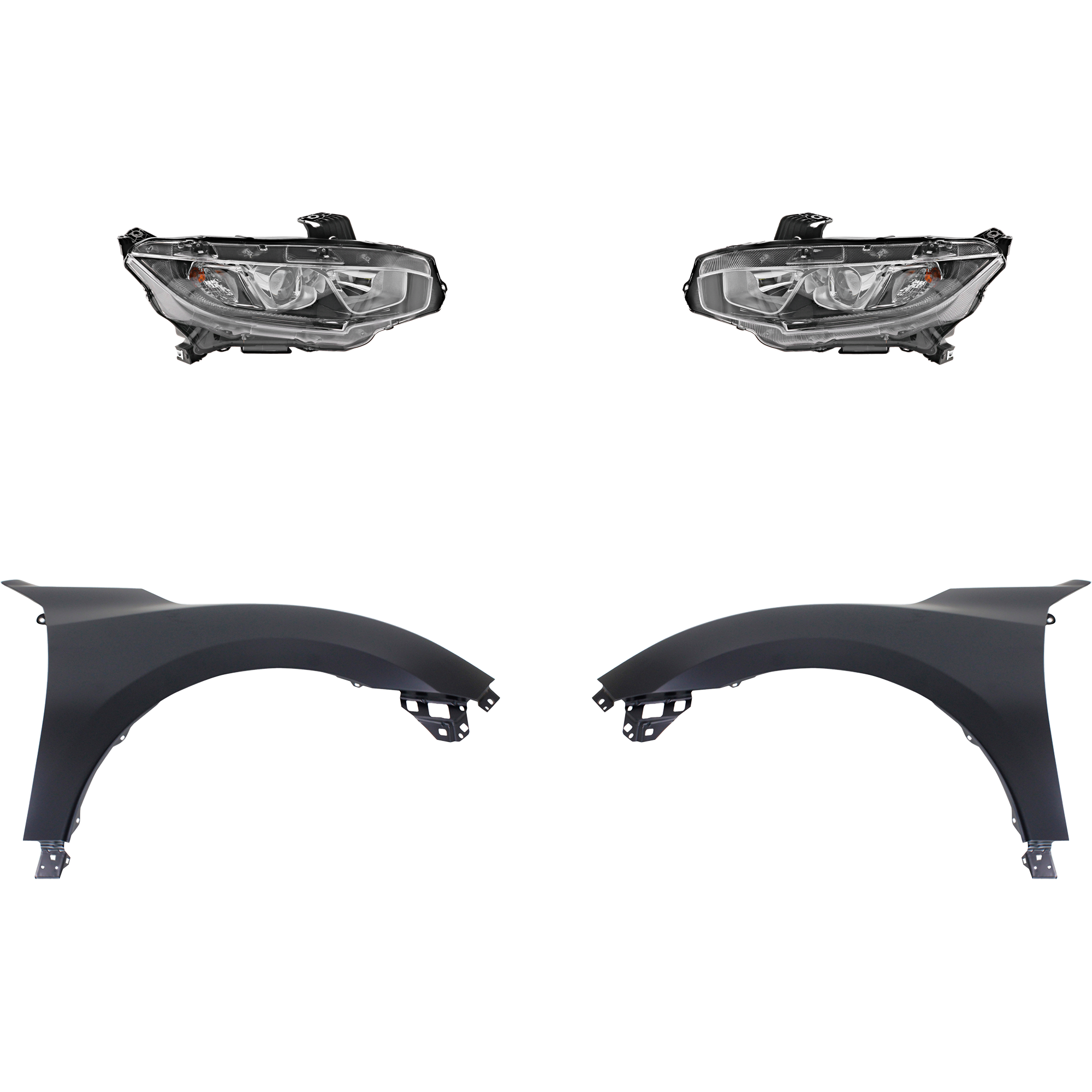 AM CIVIC 17-18 HEAD LAMP RH AND LH Assembly Halogen 4 pc Kit with Fenders SKU KIT 030323-23703 Partslink HO2502173 HO2503173 HO1240195 HO1241195 OEM 33100TBAA01-33150TBAA01-60261T