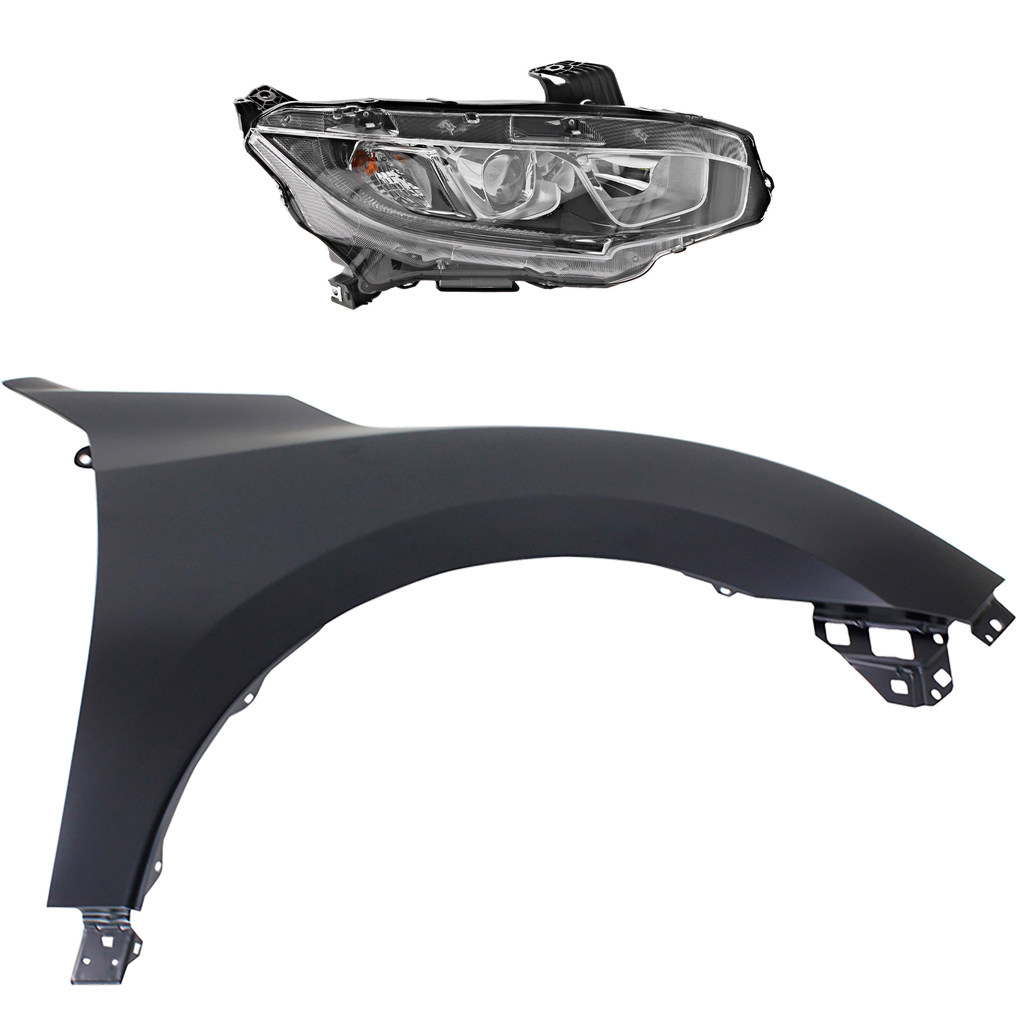 AM CIVIC 17-18 HEAD LAMP RH Assembly Halogen 2 pc Kit with Fender SKU KIT 030323-23704 Partslink HO2503173 HO1241195 OEM 33100TBAA01-60211TGGA00ZZ