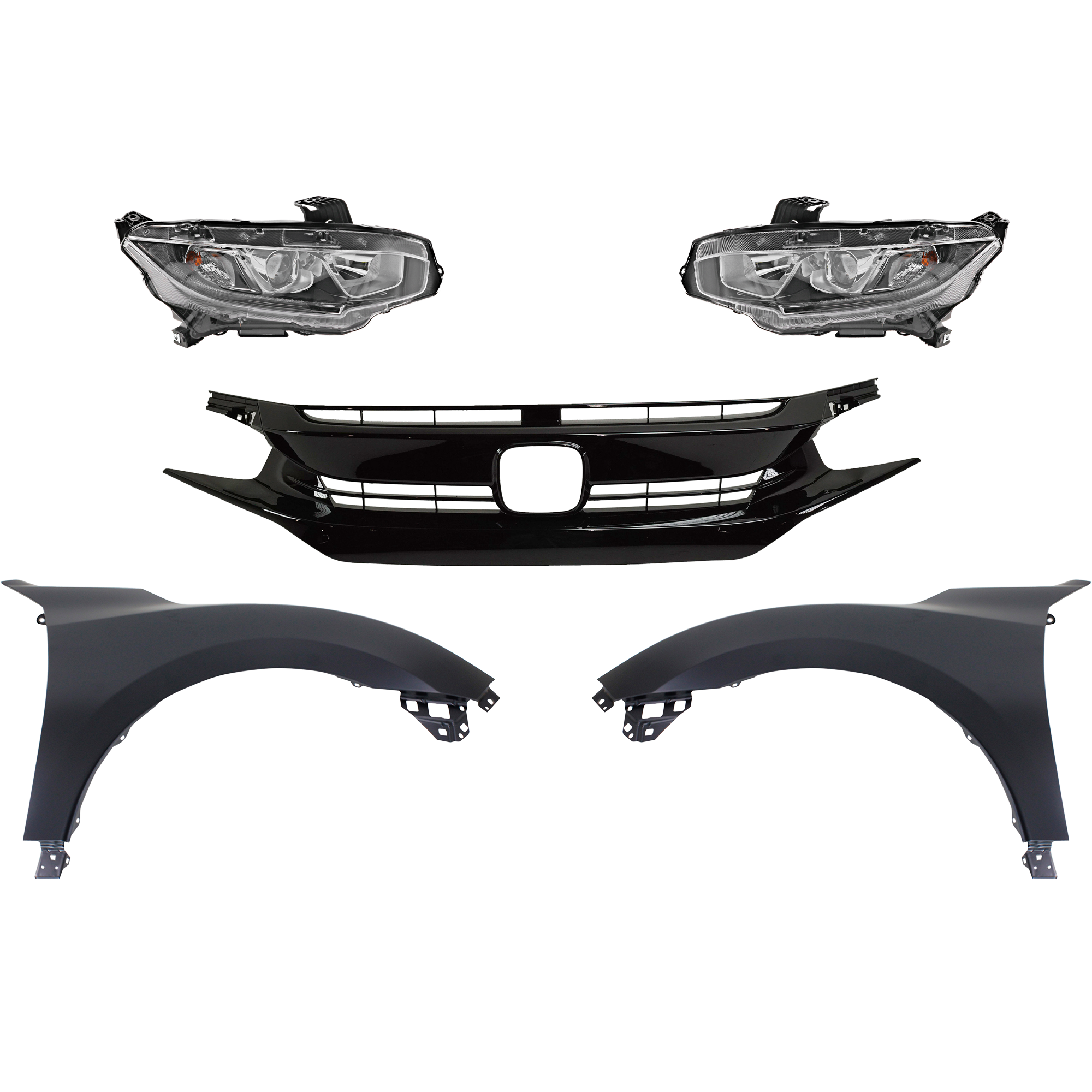 AM CIVIC 17-18 HEAD LAMP RH AND LH Assembly Halogen 5 pc Kit with Fenders and Grille SKU KIT 030323-237 Partslink HO2502173 HO2503173 HO1240195 HO1241195 HO1200235 OEM 33100TBAA01-33150TBAA01-60261T