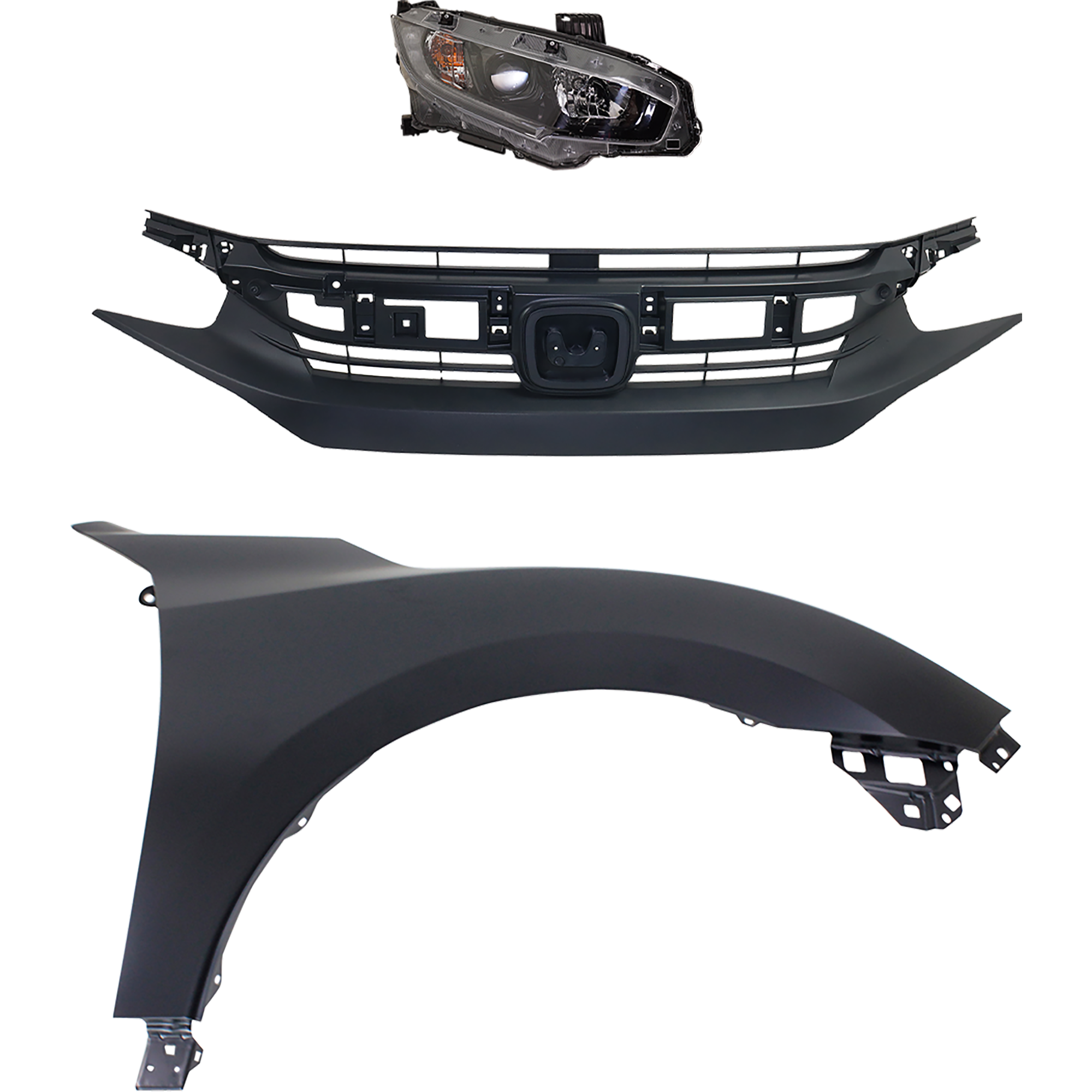AM CIVIC 16-18 HEAD LAMP RH Assembly Halogen 3 pc Kit with Fender and Grille CAPA SKU KIT 030323-23801 Partslink HO1200231C HO1241192C HO2503173C OEM 33100TBAA01-60211TBAA00ZZ 7112