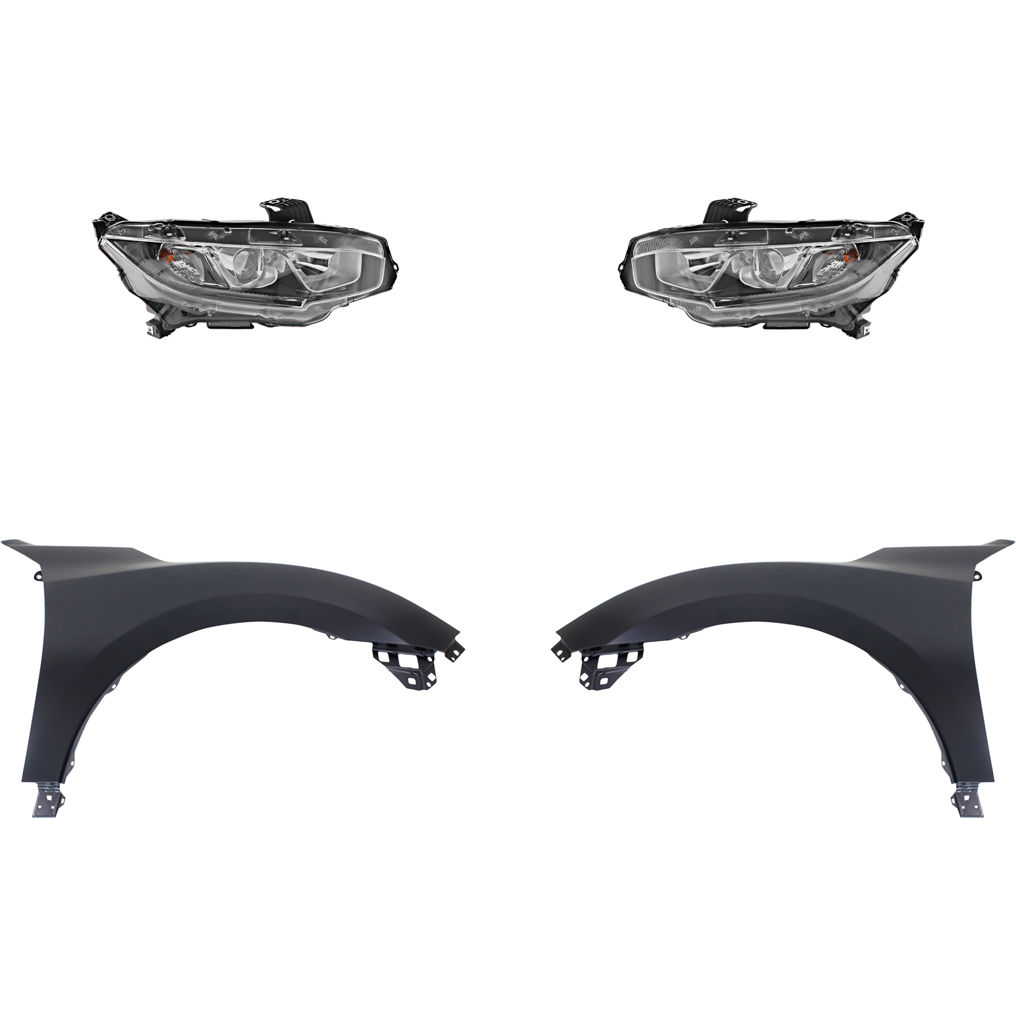 AM CIVIC 16-18 HEAD LAMP RH AND LH Assembly Halogen 4 pc Kit with Fenders CAPA SKU KIT 030323-23803 Partslink HO1240192C HO1241192C HO2502173C HO2503173C OEM 33100TBAA01-33150TBAA01-60211T