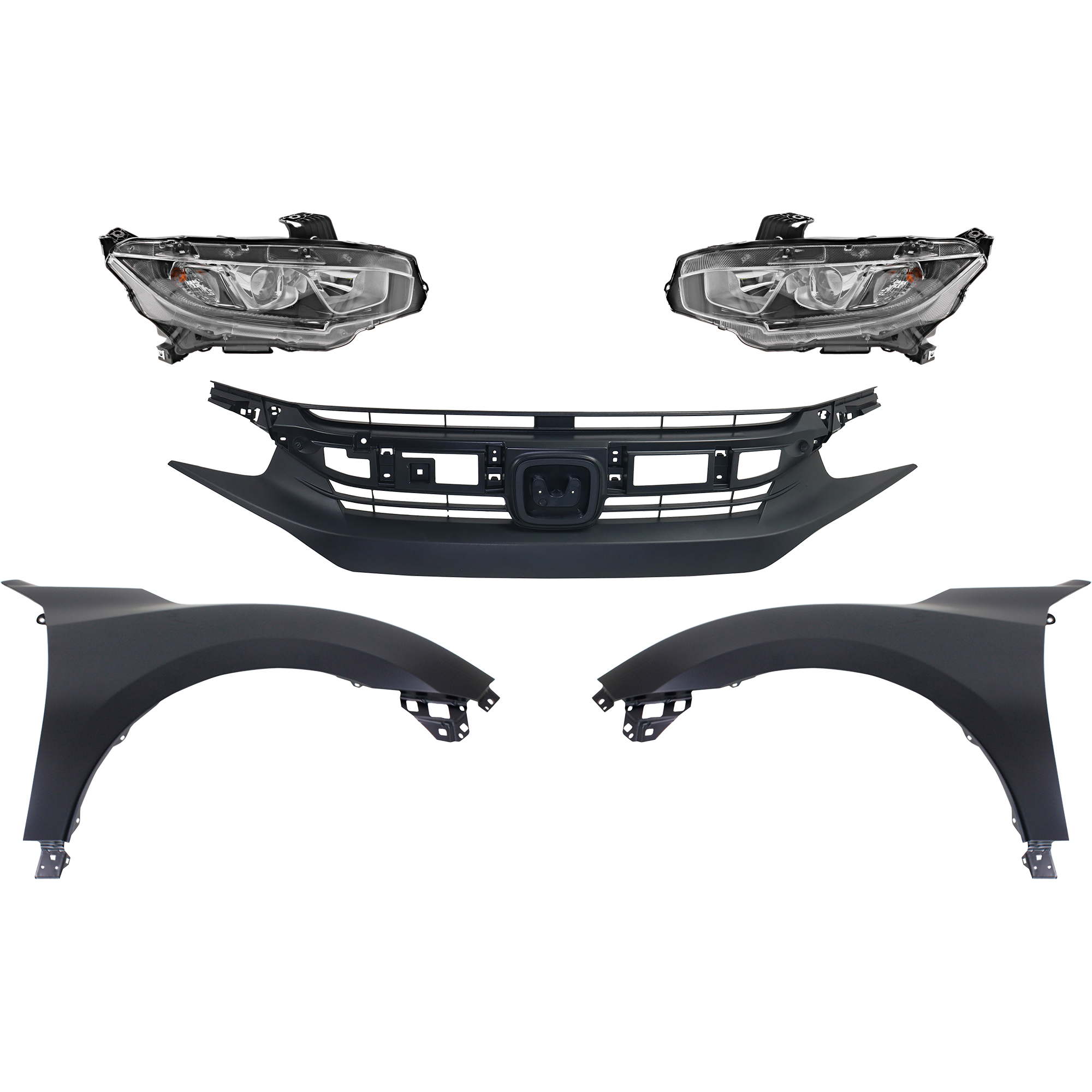 AM CIVIC 16-18 HEAD LAMP RH AND LH Assembly Halogen 5 pc Kit with Fenders and Grille CAPA SKU KIT 030323-238 Partslink HO1200231C HO1240192C HO1241192C HO2502173C HO2503173C OEM 33100TBAA01-33150TBAA01-60211T