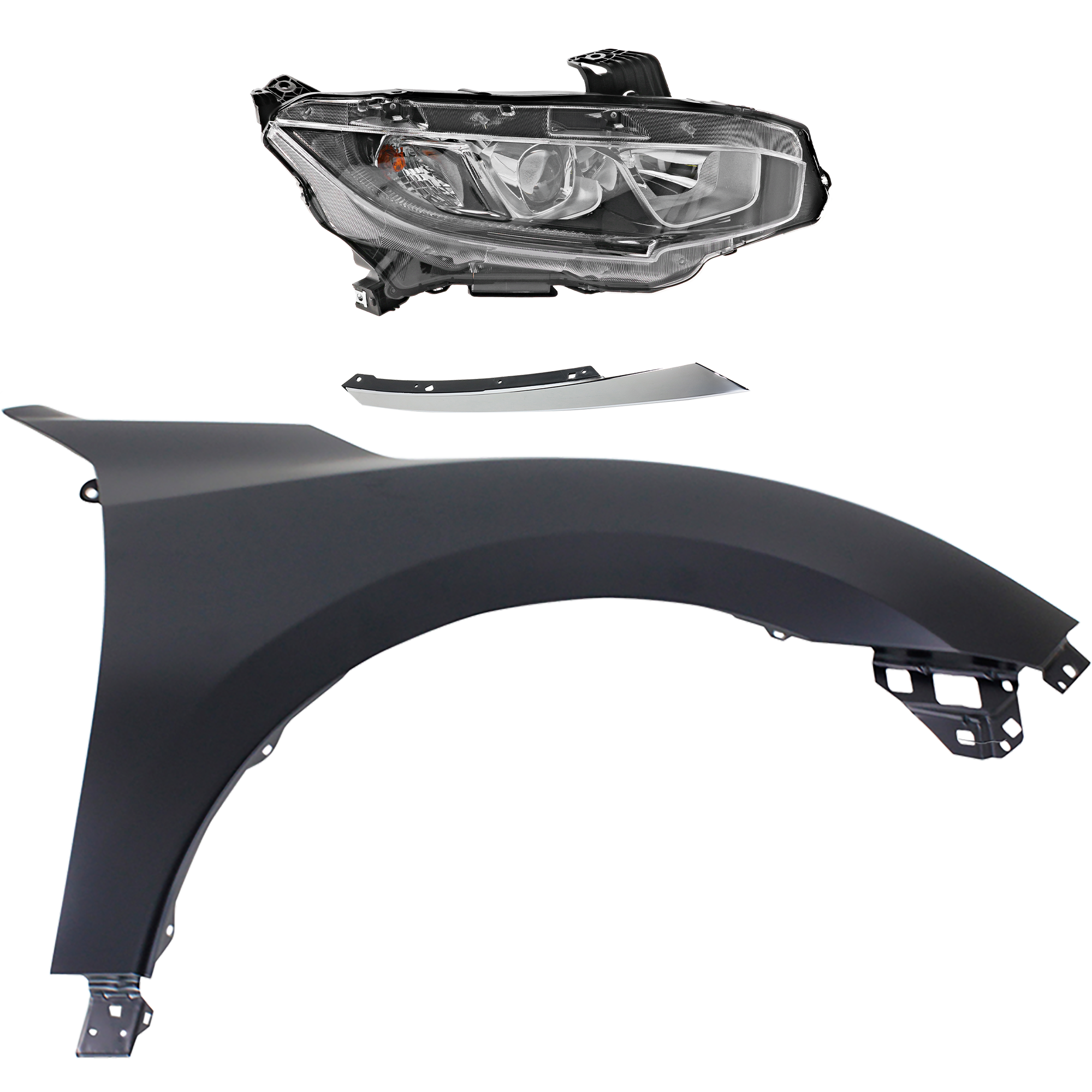 AM CIVIC 16-18 HEAD LAMP RH Assembly Halogen 3 pc Kit with Fender and Grille Extension CAPA SKU KIT 030323-23901 Partslink HO1213117C HO1241192C HO2503173C OEM 33100TBAA01-60211TBAA00ZZ 7112