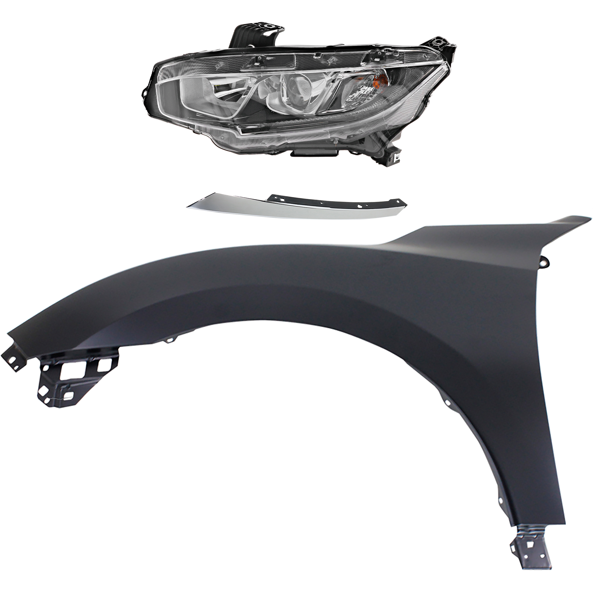 AM CIVIC 16-18 HEAD LAMP LH Assembly Halogen 3 pc Kit with Fender and Grille Extension CAPA SKU KIT 030323-23902 Partslink HO1212117C HO1240192C HO2502173C OEM 33150TBAA01-60261TBAA00ZZ 7112