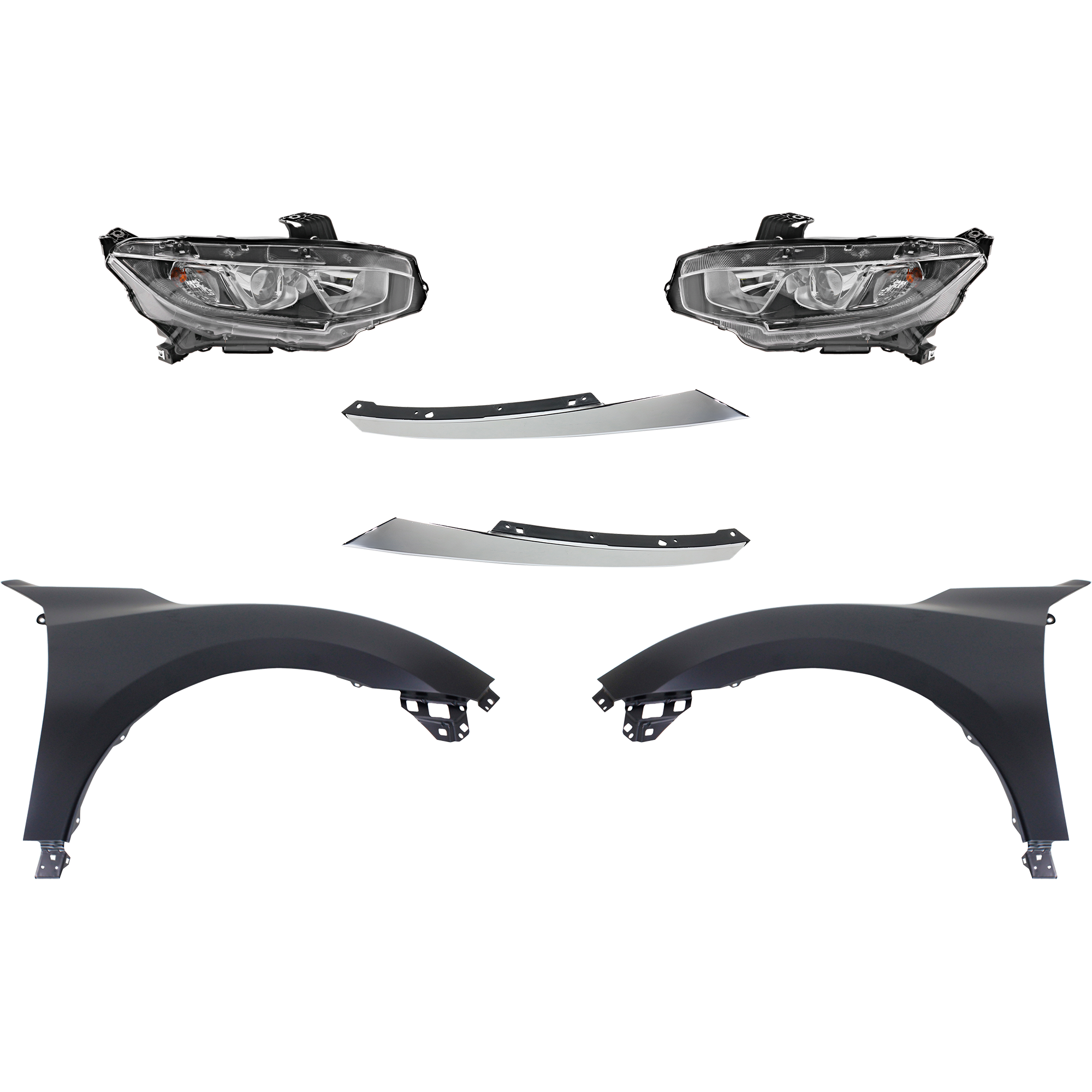 AM CIVIC 16-18 HEAD LAMP RH AND LH Assembly Halogen 6 pc Kit with Fenders and Grille Extensions CAPA SKU KIT 030323-239 Partslink HO1212117C HO1213117C HO1240192C HO1241192C HO2502173C HO2503173C OEM 33100TBAA01-33150TBAA01-60211T