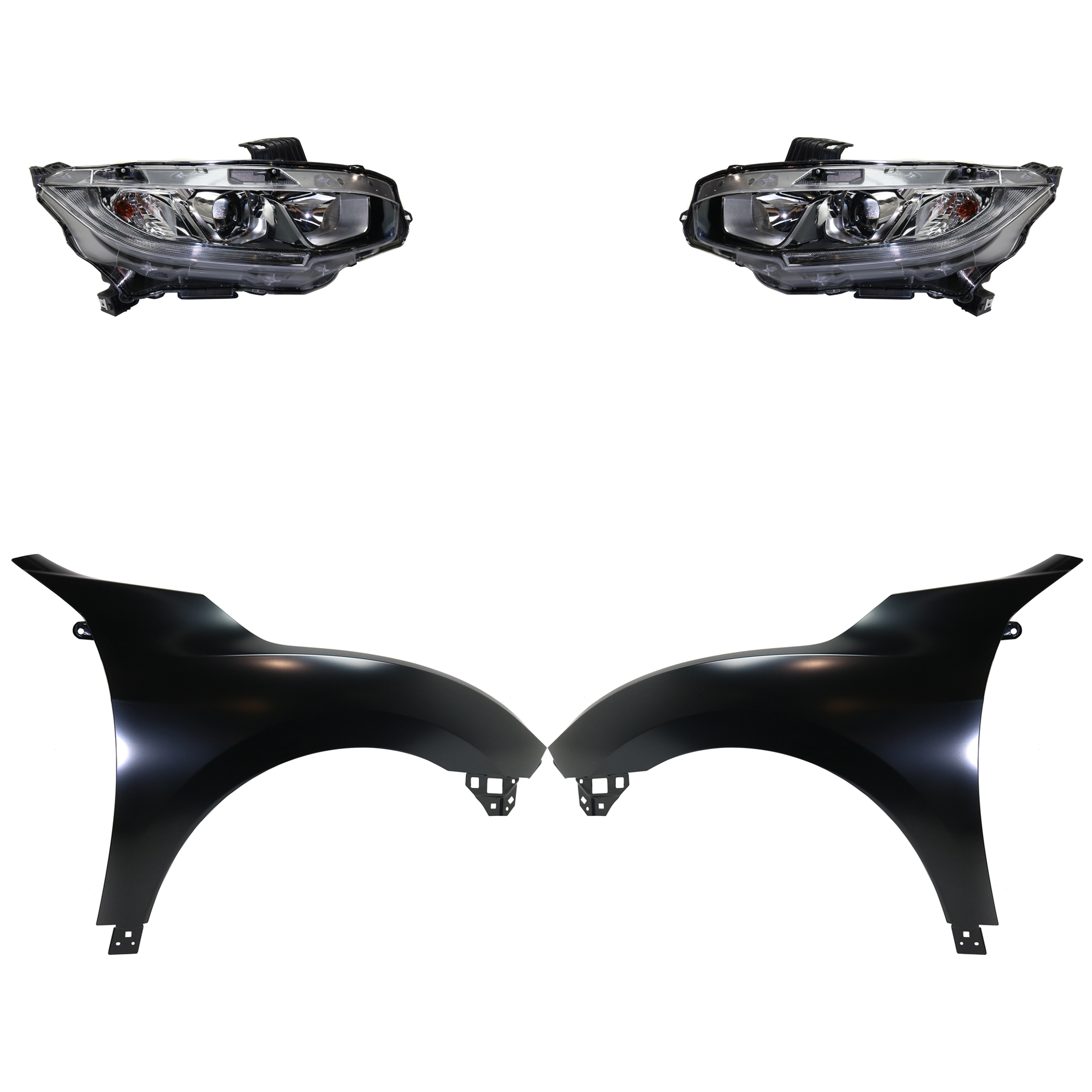 AM CIVIC 17-18 HEAD LAMP RH AND LH Assembly Halogen 4 pc Kit with Fenders CAPA SKU KIT 030323-24103 Partslink HO1240195C HO1241195C HO2502173C HO2503173C OEM 33100TBAA01-33150TBAA01-60211T