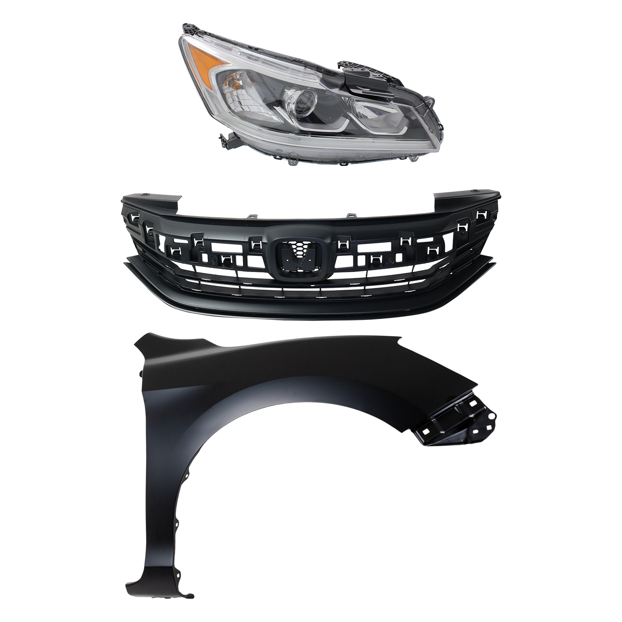 AM ACCORD 16-17 HEAD LAMP RH Assembly Halogen 3 pc Kit w LED DRL with Fender and Grille Assembly SKU KIT 030323-24201 Partslink HO2503169 HO1241185 HO1200229 OEM 33100T2AA82-60211T2FA90ZZ 7112