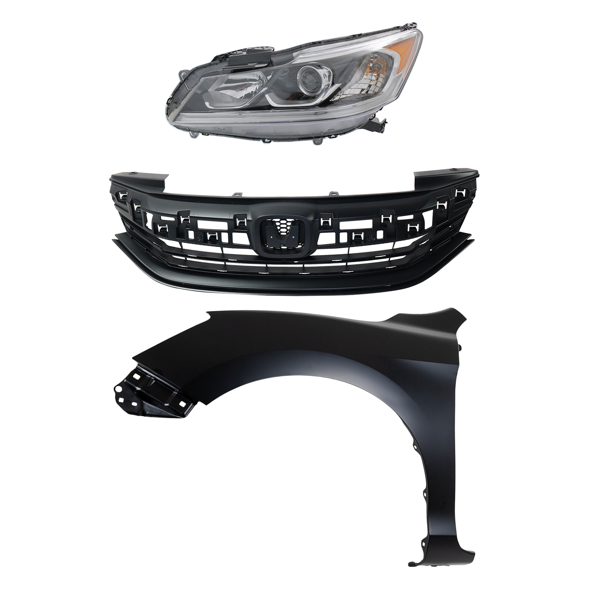 AM ACCORD 16-17 HEAD LAMP LH Assembly Halogen 3 pc Kit w LED DRL with Fender and Grille SKU KIT 030323-24202 Partslink HO2502169 HO1240185 HO1200229 OEM 33150T2AA82-60261T2FA90ZZ 7112