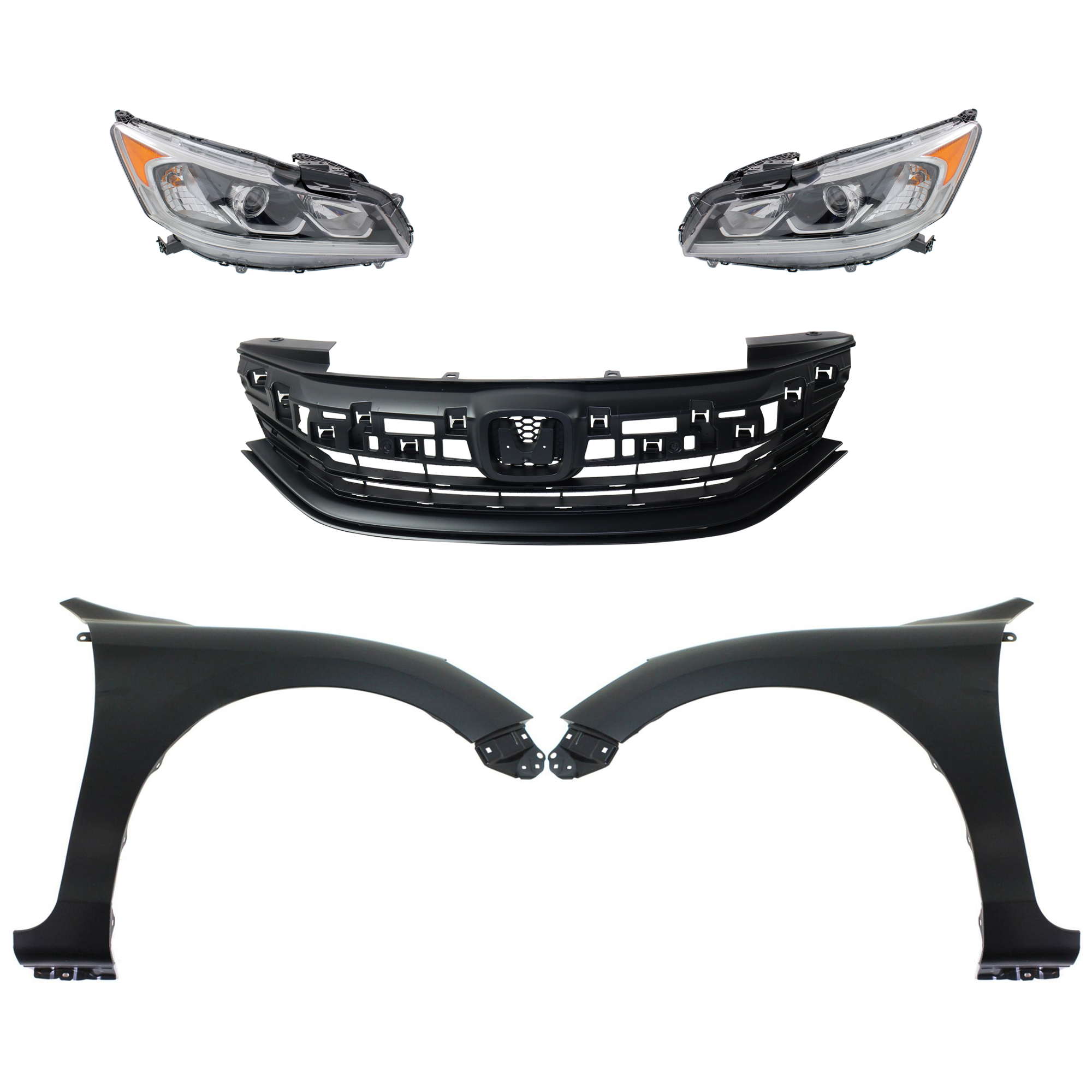 AM ACCORD 16-17 HEAD LAMP RH AND LH Assembly Halogen 5 pc Kit w LED DRL with Fenders and Grille Assembly SKU KIT 030323-242 Partslink HO2502169 HO2503169 HO1241185 HO1240185 HO1200229 OEM 33100T2AA82-33150T2AA82-60211T