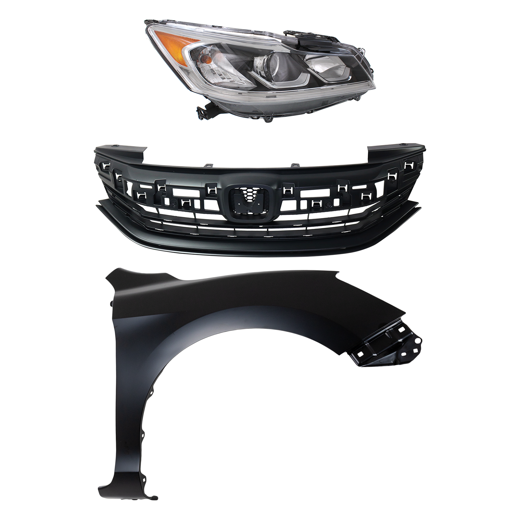 AM ACCORD 16-17 HEAD LAMP RH Assembly Halogen 3 pc Kit with Fender and Grille Assembly CAPA SKU KIT 030323-24301 Partslink HO1200229C HO1241185C HO2503169C OEM 33100T2AA81-60211T2FA90ZZ 7112