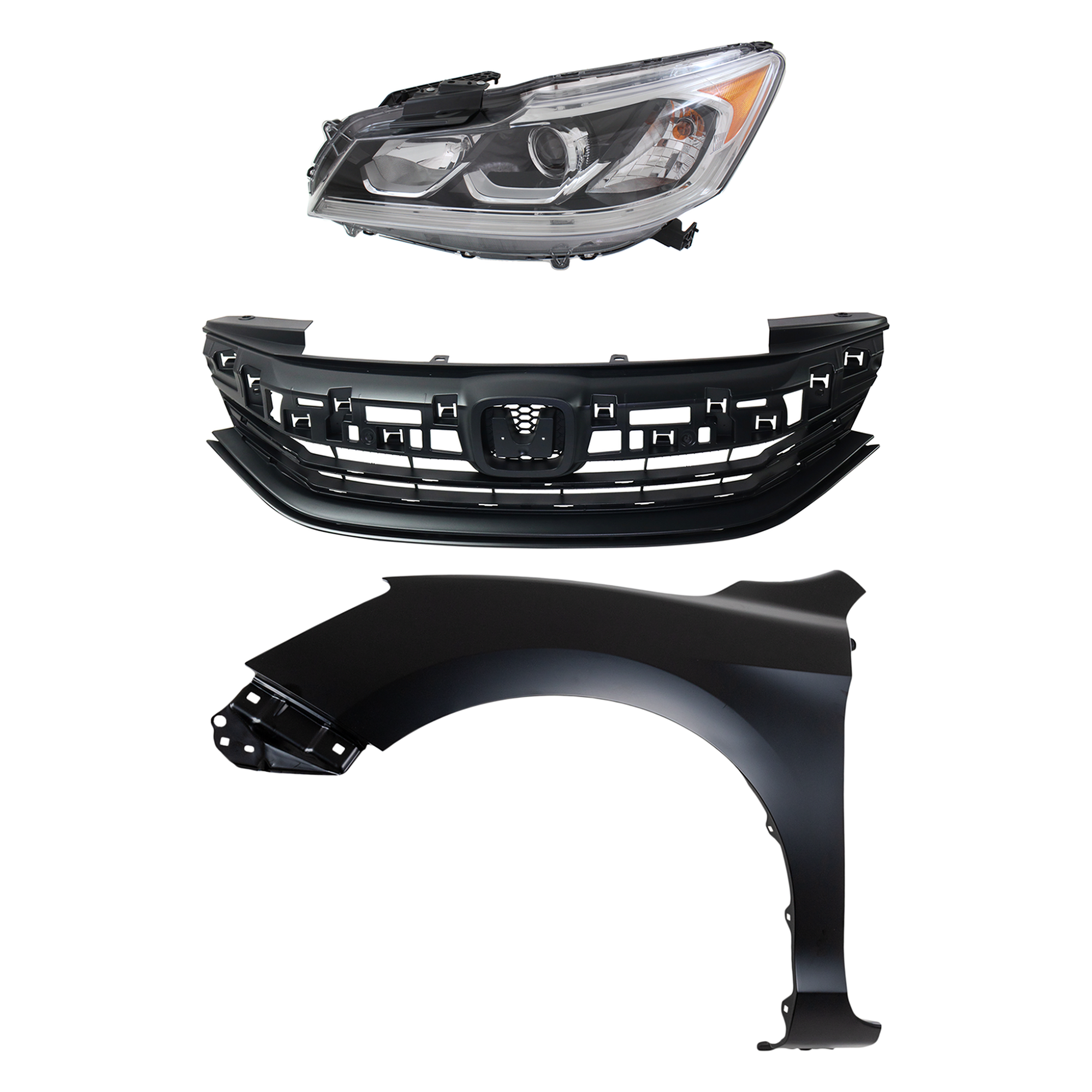 AM ACCORD 16-17 HEAD LAMP LH Assembly Halogen 3 pc Kit with Fender and Grille CAPA SKU KIT 030323-24302 Partslink HO1200229C HO1240185C HO2502169C OEM 33150T2AA82-60261T2FA90ZZ 7112