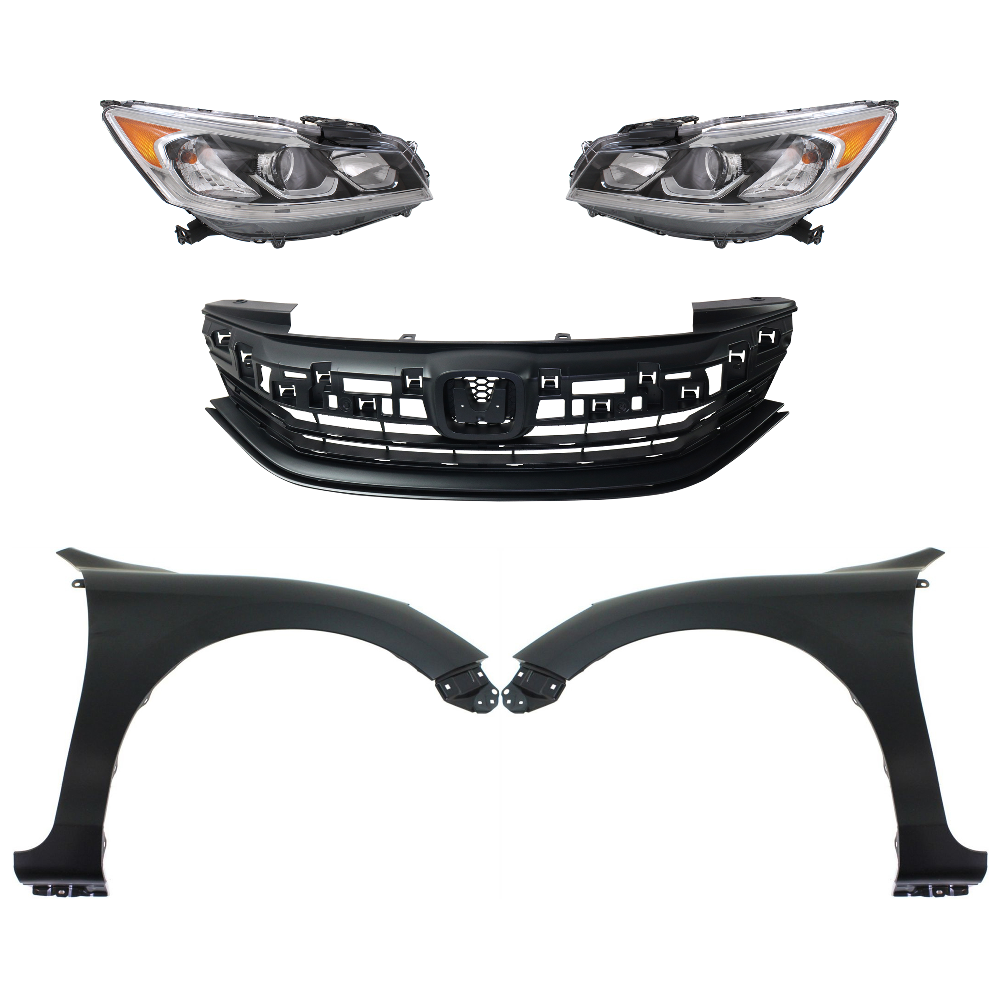 AM ACCORD 16-17 HEAD LAMP RH AND LH Assembly Halogen 5 pc Kit with Fenders and Grille Assembly SKU KIT 030323-243 Partslink HO1200229C HO1240185C HO1241185C HO2502169C HO2503169C OEM 33100T2AA81-33150T2AA81-60211T