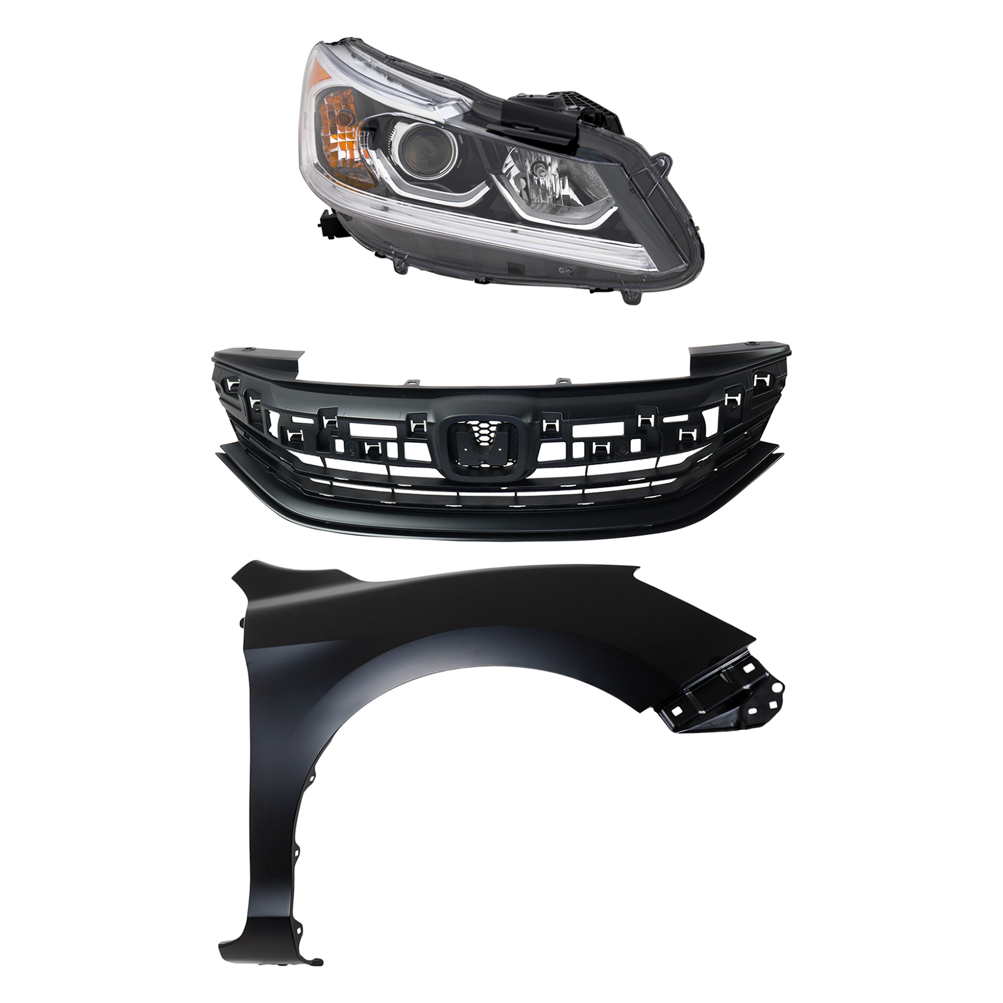 AM ACCORD 16-17 HEAD LAMP RH Assembly Halogen 3 pc Kit with Fender and Grille Assembly SKU KIT 030323-24401 Partslink HO2503168 HO1241185 HO1200229 OEM 33100T2AA61-60211T2FA90ZZ 7112