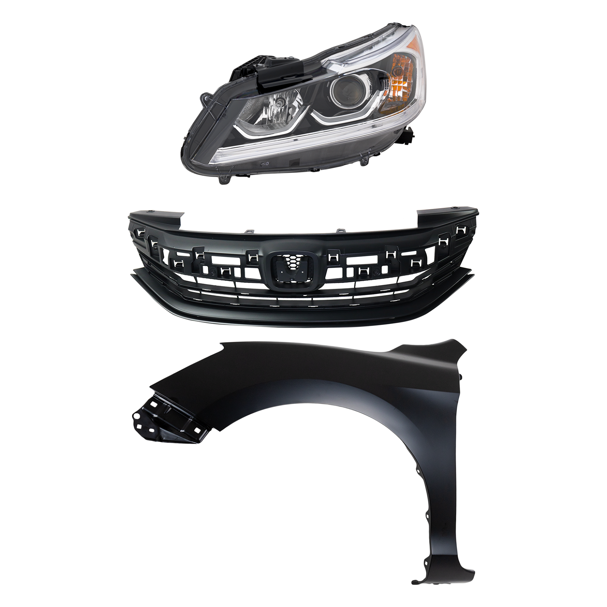 AM ACCORD 16-17 HEAD LAMP LH Assembly Halogen 3 pc Kit with Fender and Grille SKU KIT 030323-24402 Partslink HO2502168 HO1240185 HO1200229 OEM 33150T2AA61-60261T2FA90ZZ 7112