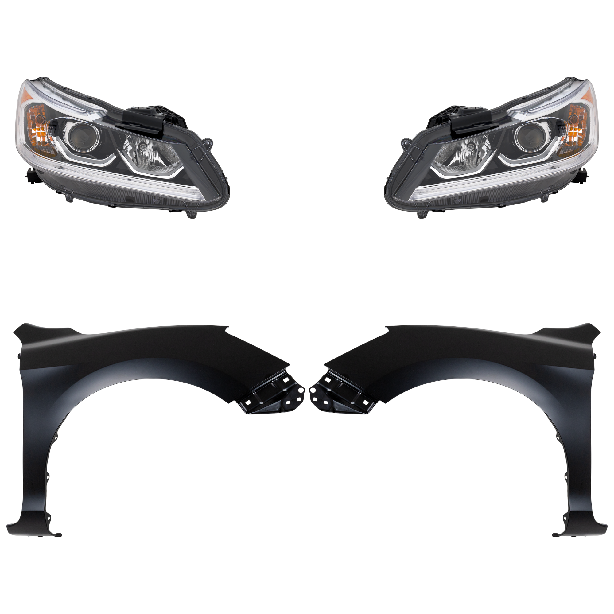 AM ACCORD 16-17 HEAD LAMP RH AND LH Assembly Halogen 4 pc Kit with Fenders SKU KIT 030323-24403 Partslink HO2503168 HO2502168 HO1240185 HO1241185 OEM 33100T2AA61-33150T2AA61-60261T