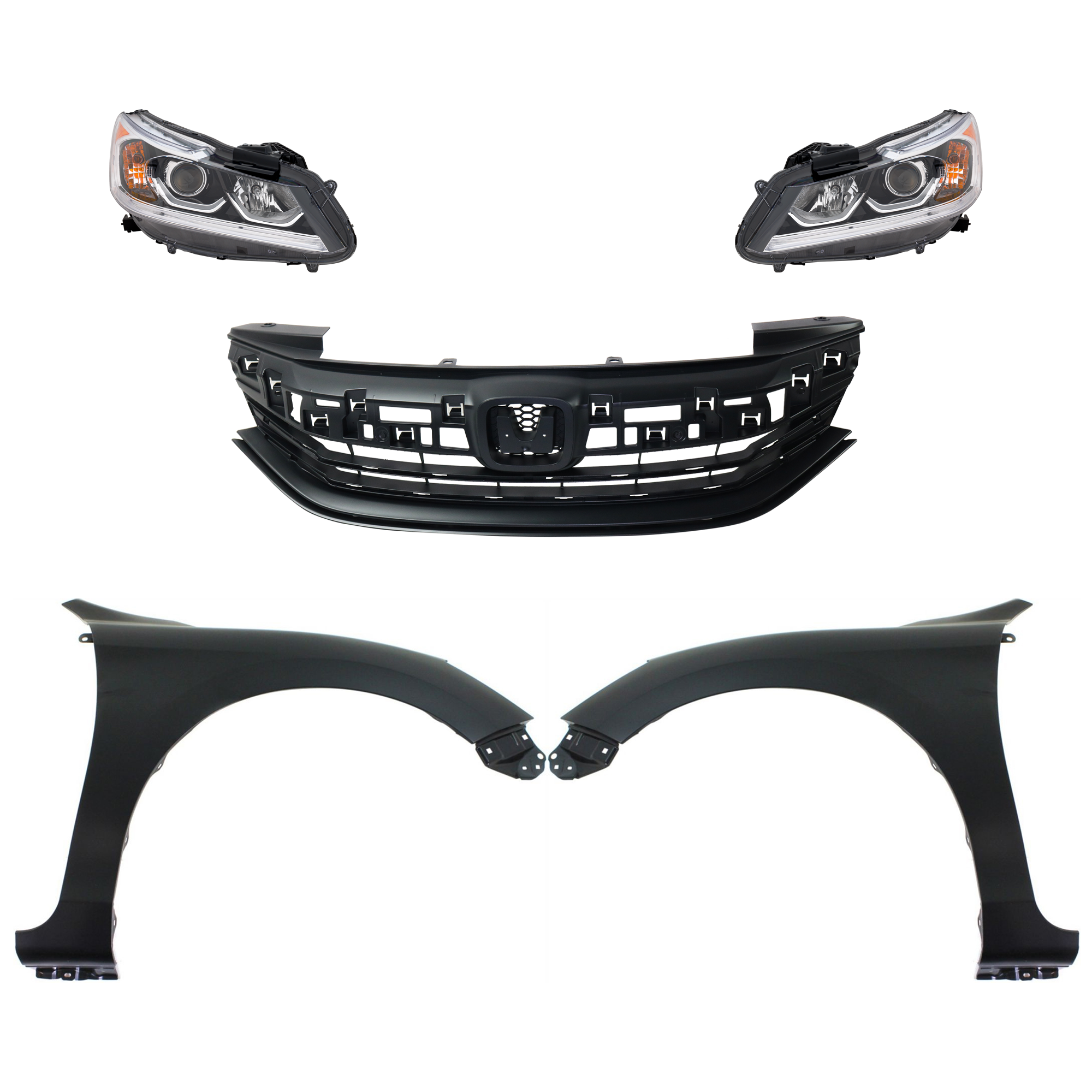 AM ACCORD 16-17 HEAD LAMP RH AND LH Assembly Halogen 5 pc Kit with Fenders and Grille Assembly SKU KIT 030323-244 Partslink HO2502168 HO2503168 HO1241185 HO1240185 HO1200229 OEM 33150T2AA61-33100T2AA61-60211T