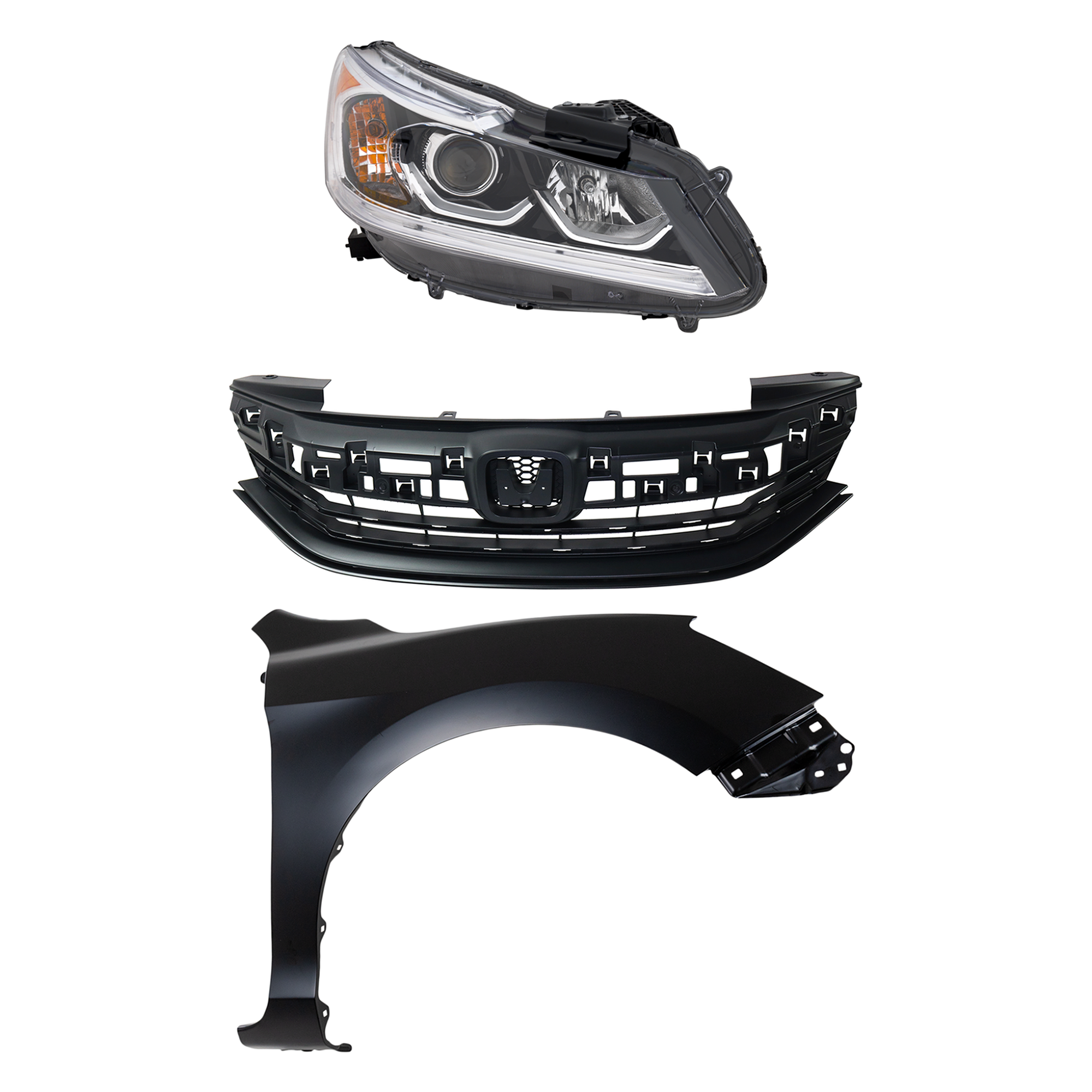 AM ACCORD 16-17 HEAD LAMP RH Assembly Halogen 3 pc Kit with Fender and Grille Assembly CAPA SKU KIT 030323-24501 Partslink HO1200229C HO1241185C HO2503168C OEM 33100T2AA61-60211T2FA90ZZ 7112