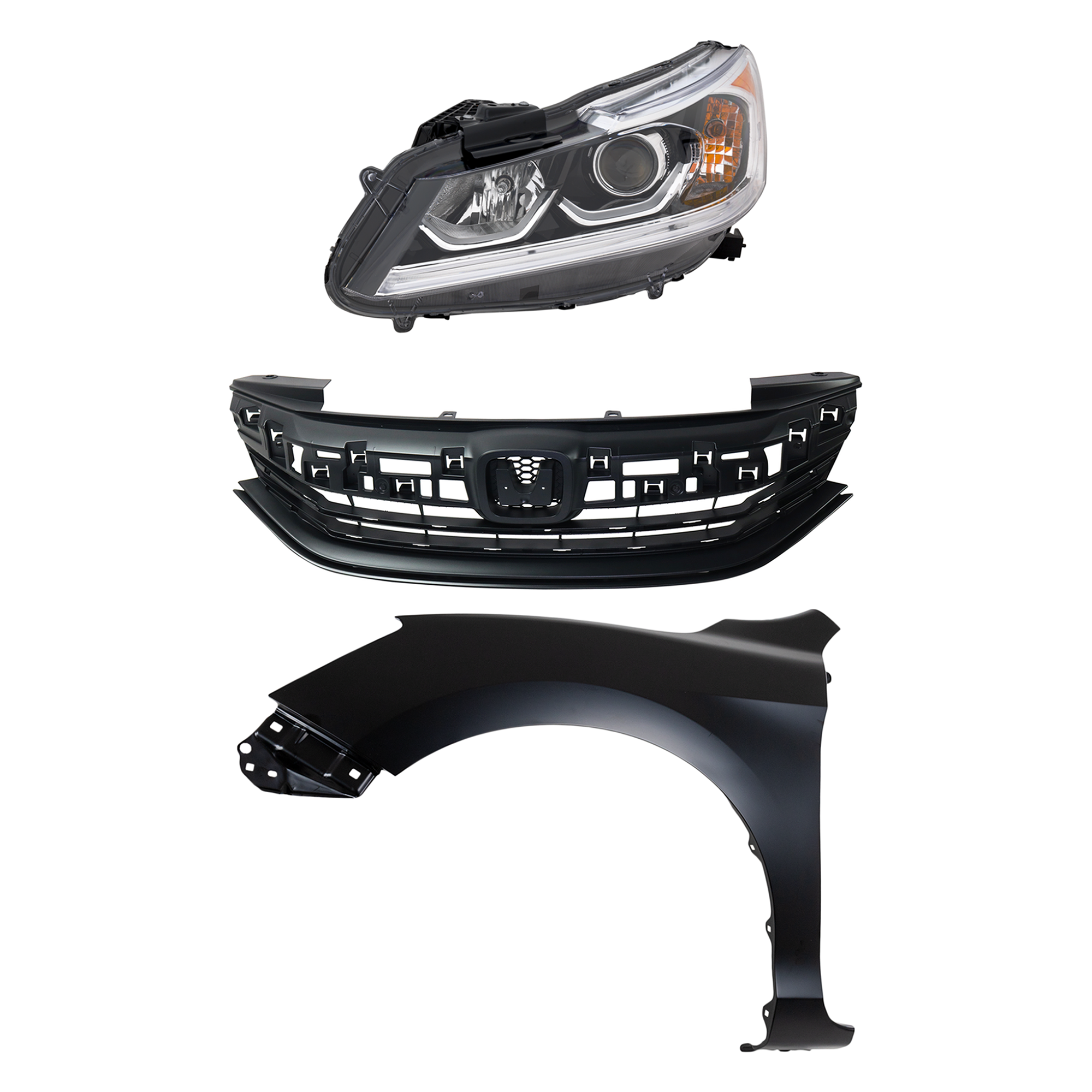 AM ACCORD 16-17 HEAD LAMP LH Assembly Halogen 3 pc Kit with Fender and Grille CAPA SKU KIT 030323-24502 Partslink HO1200229C HO1240185C HO2502168C OEM 33150T2AA61-60261T2FA90ZZ 7112