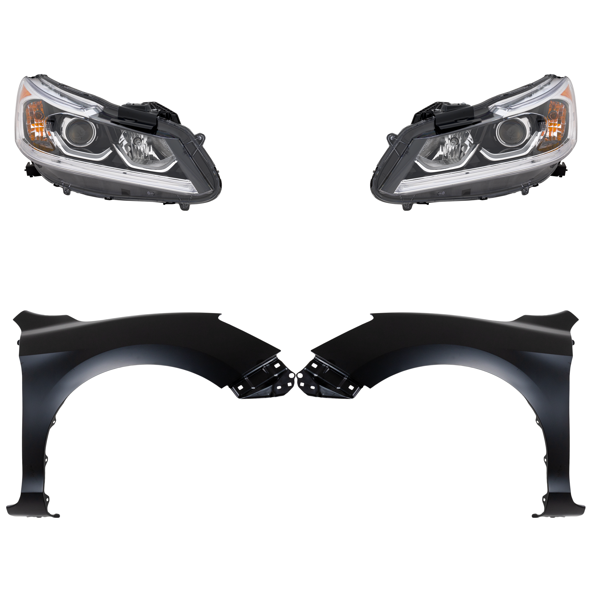 AM ACCORD 16-17 HEAD LAMP RH AND LH Assembly Halogen 4 pc Kit with Fenders SKU KIT 030323-24503 Partslink HO1240185C HO1241185C HO2502168C HO2503168C OEM 33100T2AA61-33150T2AA61-60211T