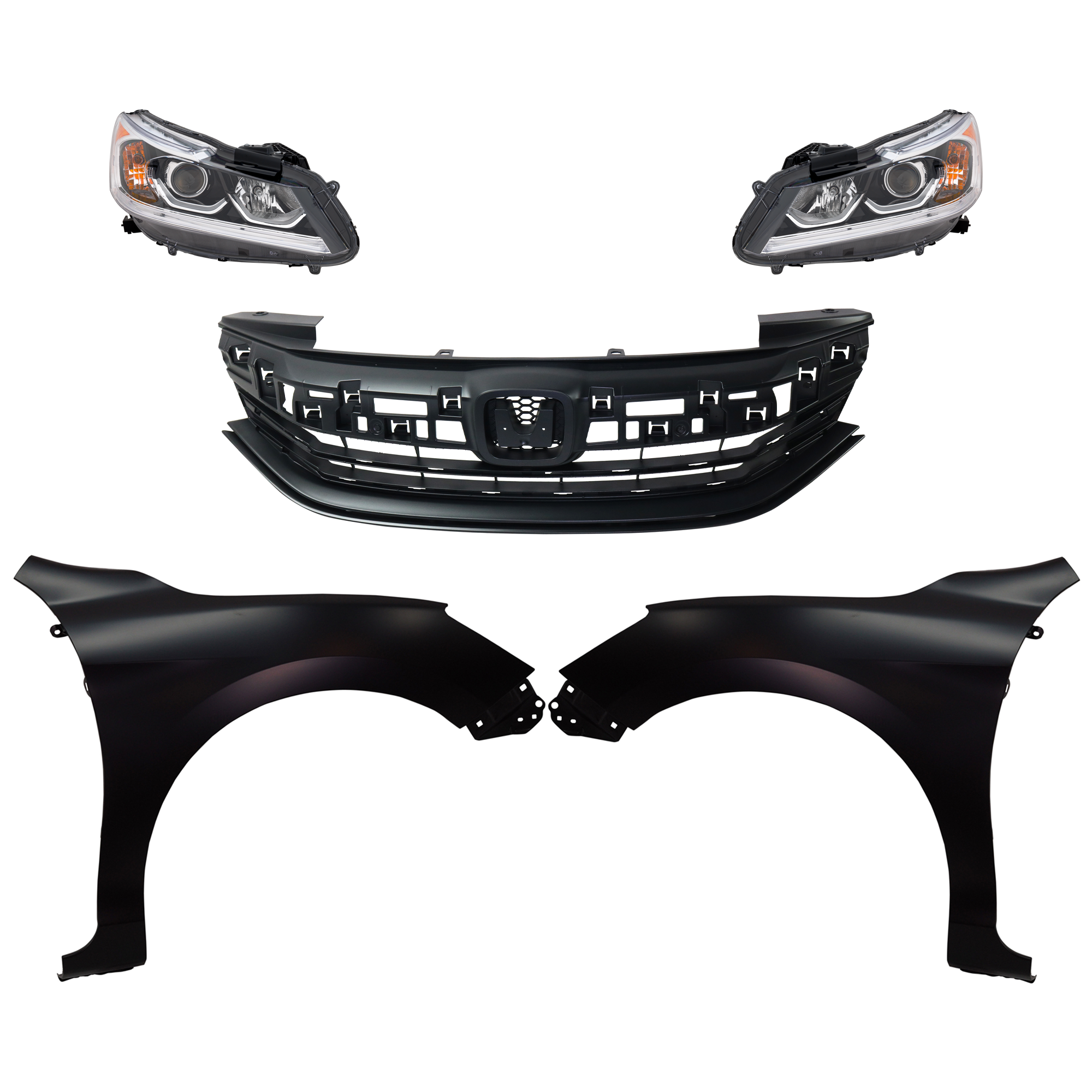 AM ACCORD 16-17 HEAD LAMP RH AND LH Assembly Halogen 5 pc Kit with Fenders and Grille Assembly SKU KIT 030323-245 Partslink HO1200229C HO1240185C HO1241185C HO2502168C HO2503168C OEM 33100T2AA61-33150T2AA61-60211T