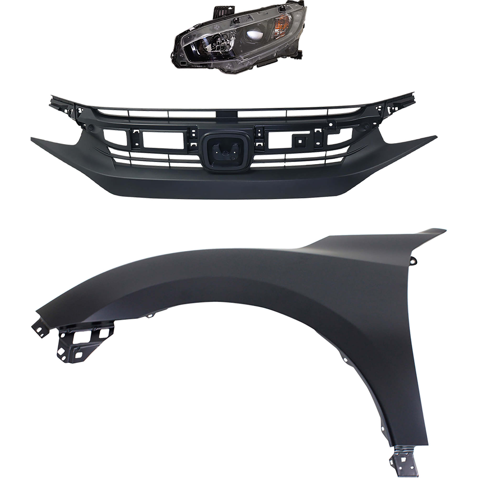 AM CIVIC 16-18 HEAD LAMP LH Assembly LED 3 pc Kit with Fender and Grille SKU KIT 030323-24902 Partslink HO2502176 HO1240192 HO1200231 OEM 33150TBAA11-60261TBAA00ZZ 7112