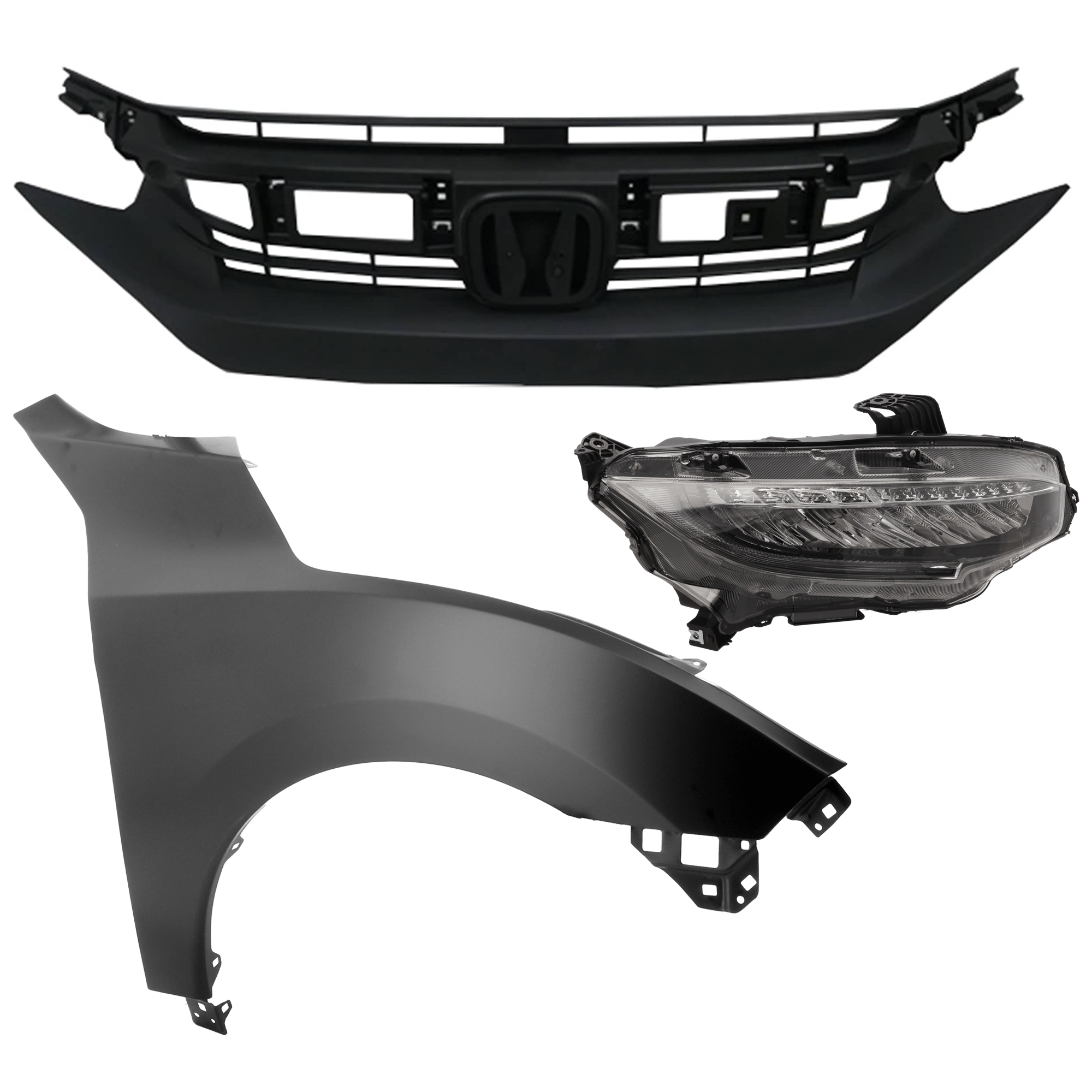 AM CIVIC 18-18 HEAD LAMP RH Assembly LED 3 pc Kit with Fender and Grille Assembly SKU KIT 030323-25001 Partslink HO2503176 HO1241192 HO1200246 OEM 33100TBAA11-60211TBAA00ZZ 7112
