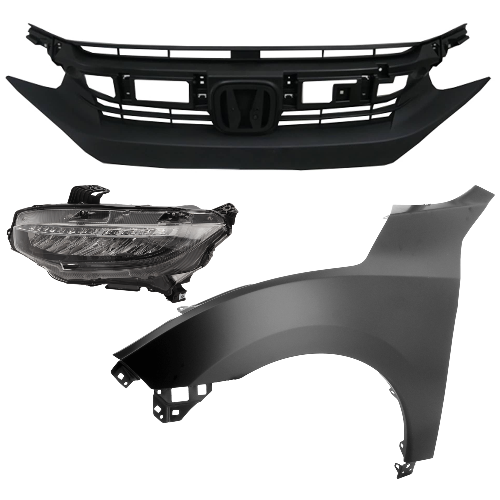 AM CIVIC 18-18 HEAD LAMP LH Assembly LED 3 pc Kit with Fender and Grille Assembly SKU KIT 030323-25002 Partslink HO2502176 HO1240192 HO1200246 OEM 33150TBAA11-60261TBAA00ZZ 7112