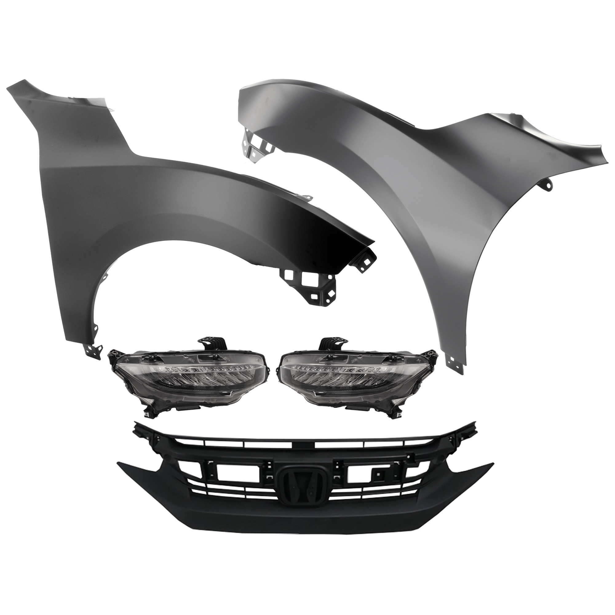 AM CIVIC 18-18 HEAD LAMP RH AND LH Assembly LED 5 pc Kit with Fenders and Grille Assembly SKU KIT 030323-250 Partslink HO2502176 HO2503176 HO1240192 HO1241192 HO1200246 OEM 33100TBAA11-33150TBAA11-60261T