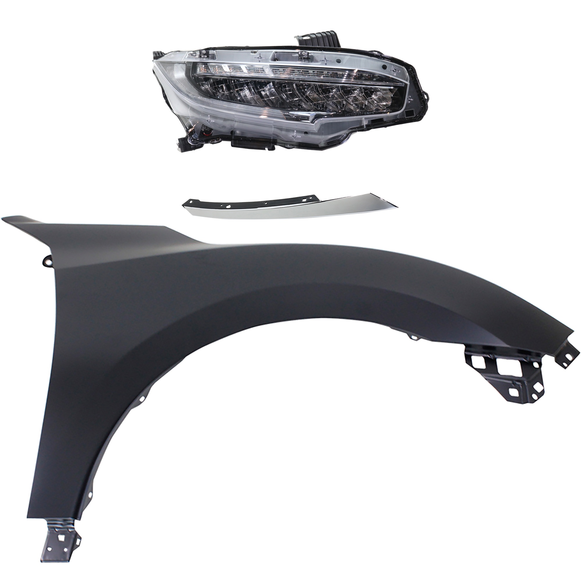 AM CIVIC 16-18 HEAD LAMP RH AND LH Assembly LED 3 pc Kit with Fender and Grille Assembly SKU KIT 030323-25101 Partslink HO2503176 HO1241192 HO1213117 OEM 33100TBAA11-60211TBAA00ZZ 7112