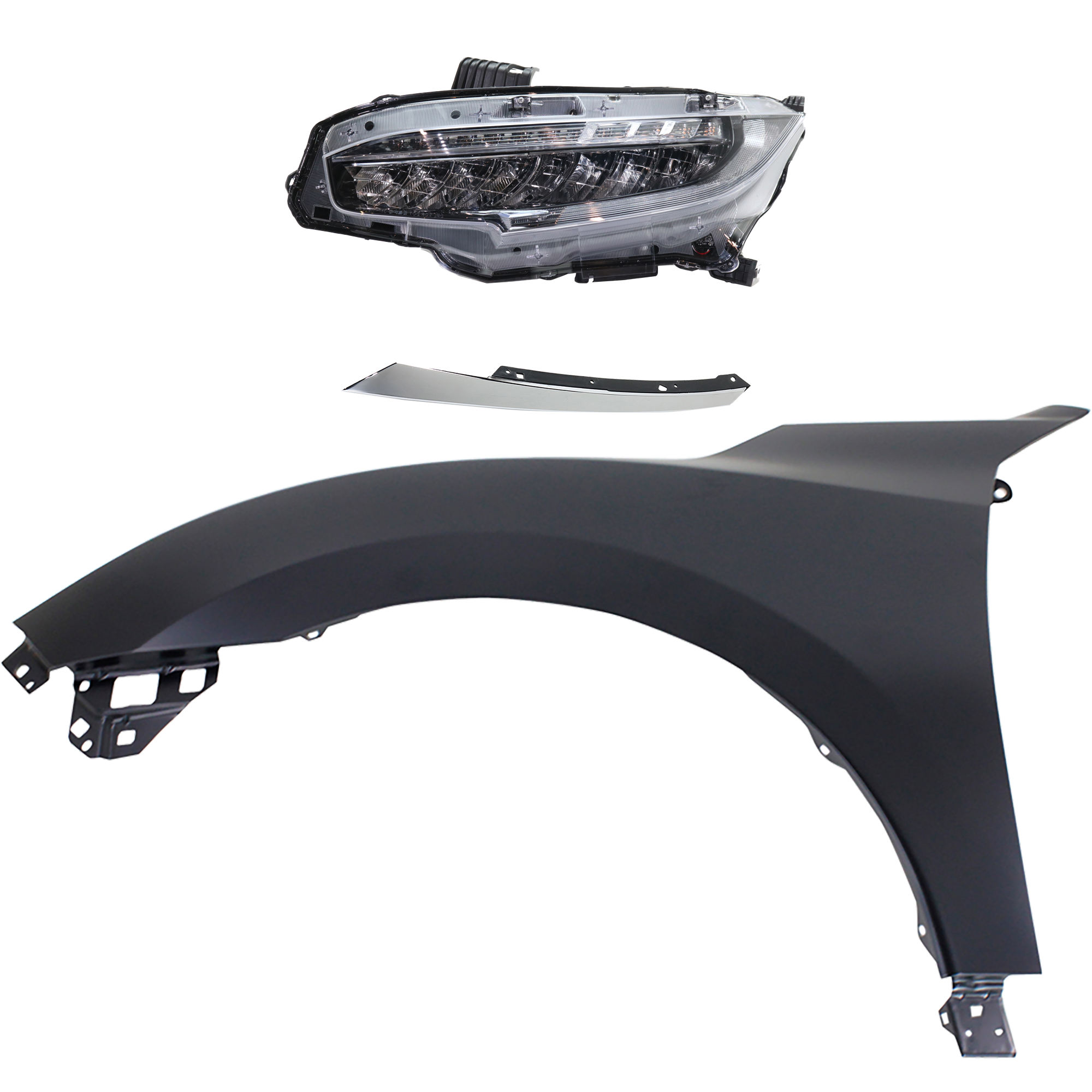 AM CIVIC 16-18 HEAD LAMP LH Assembly LED 3 pc Kit with Fender and Grille Extension SKU KIT 030323-25102 Partslink HO2502176 HO1240192 HO1212117 OEM 33150TBAA11-60261TBAA00ZZ 7112