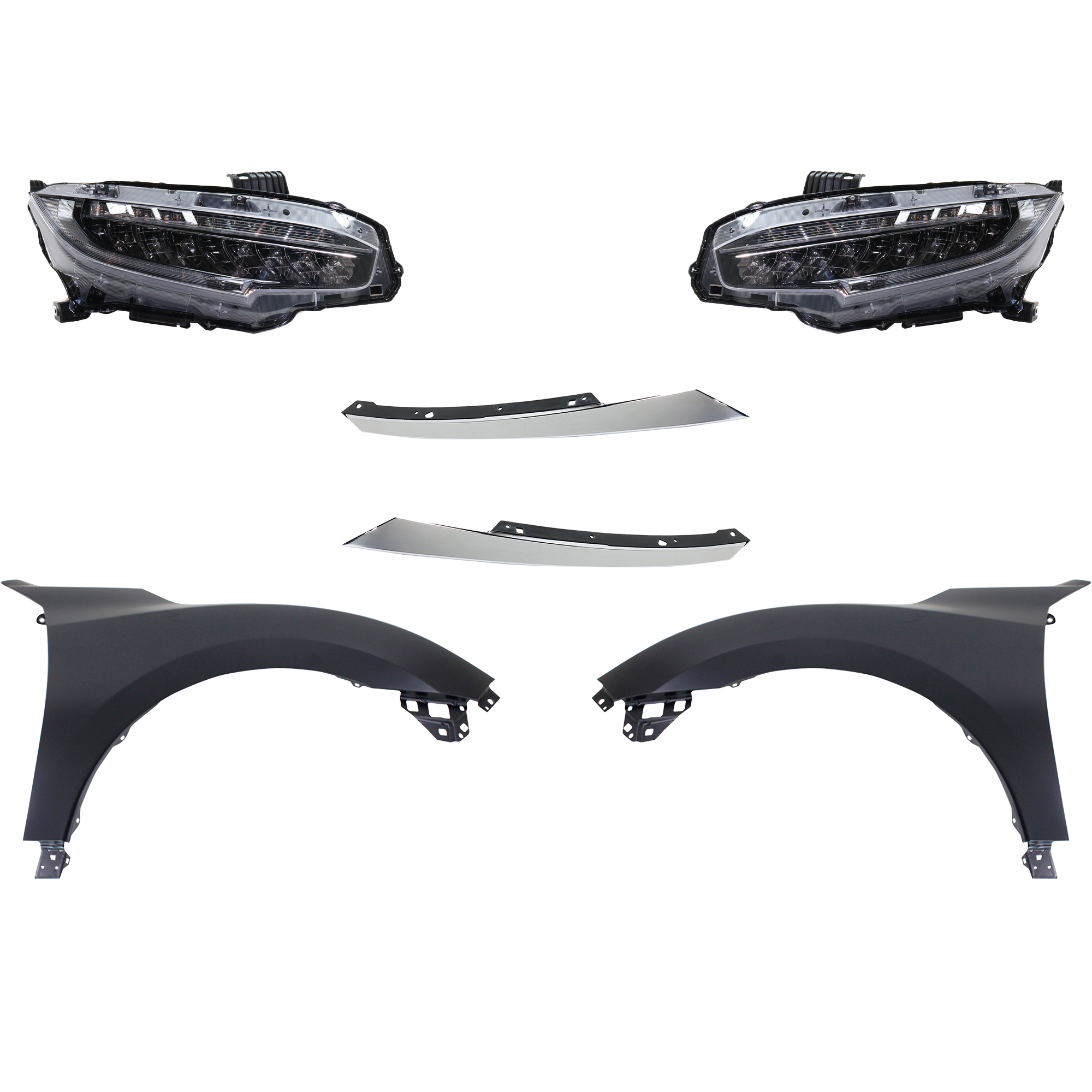 AM CIVIC 16-18 HEAD LAMP RH AND LH Assembly LED 6 pc Kit with Fenders and Grille Assembly SKU KIT 030323-251 Partslink HO2502176 HO2503176 HO1240192 HO1241192 HO1212117 HO1213117 OEM 33100TBAA11-33150TBAA11-60261T