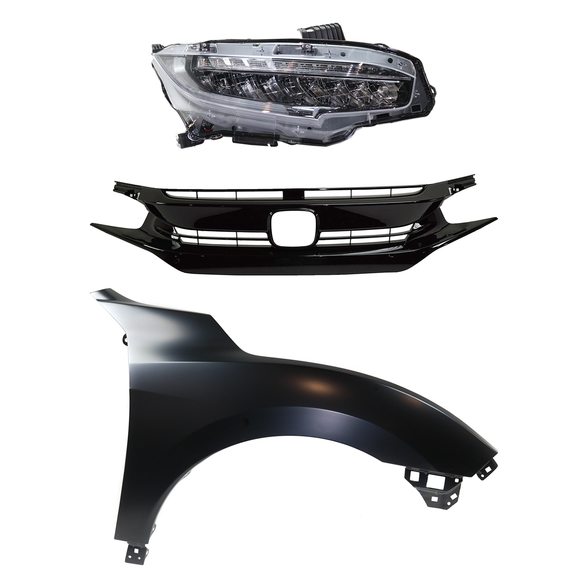 AM CIVIC 17-19 HEAD LAMP RH Assembly LED 3 pc Kit with Fender and Grille Assembly SKU KIT 030323-25301 Partslink HO2503176 HO1241195 HO1200235 OEM 33100TBAA11-60211TGGA00ZZ 7112