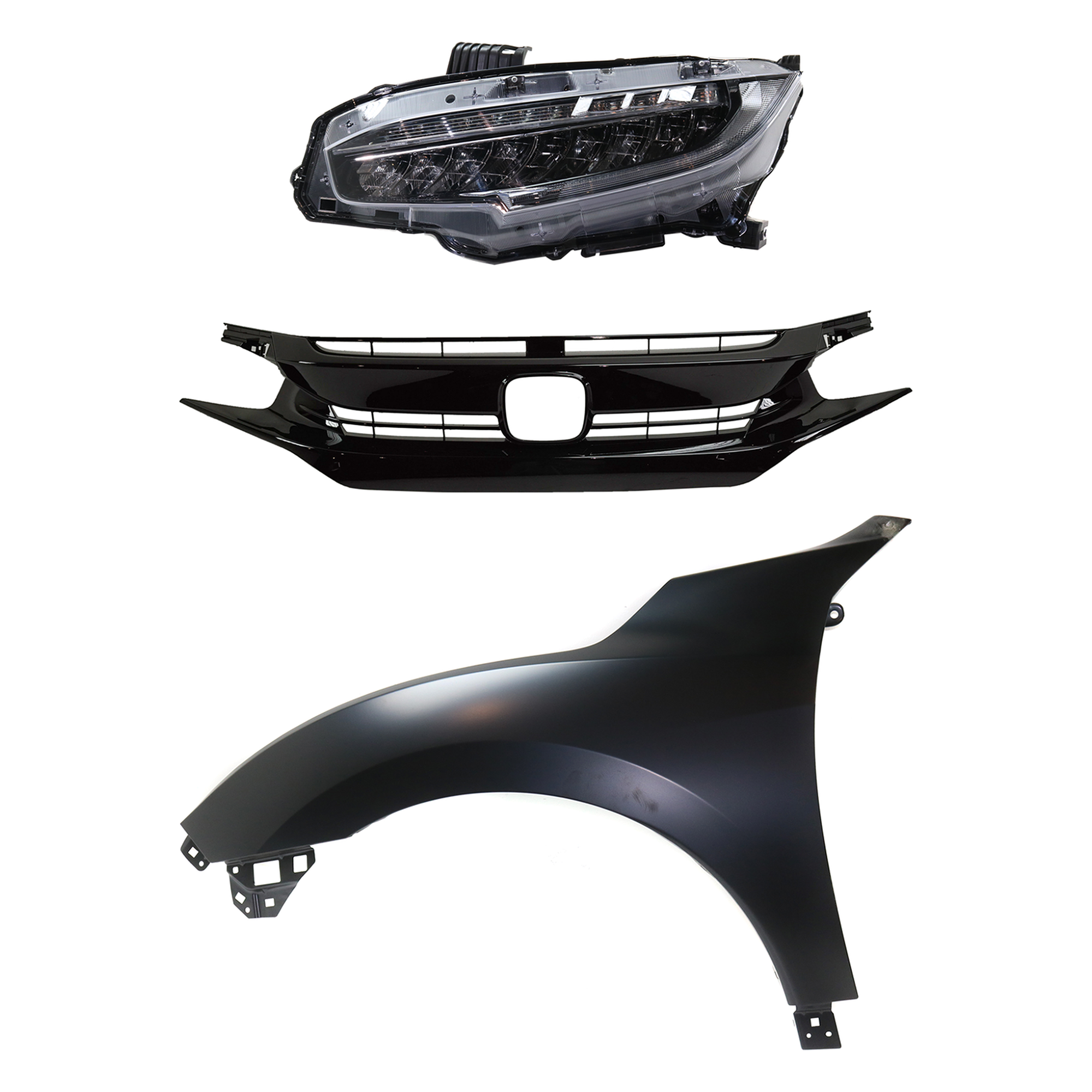 AM CIVIC 17-19 HEAD LAMP LH Assembly LED 3 pc Kit with Fender and Grille Assembly SKU KIT 030323-25302 Partslink HO2502176 HO1240195 HO1200235 OEM 33150TBAA11-60261TGGA00ZZ 7112