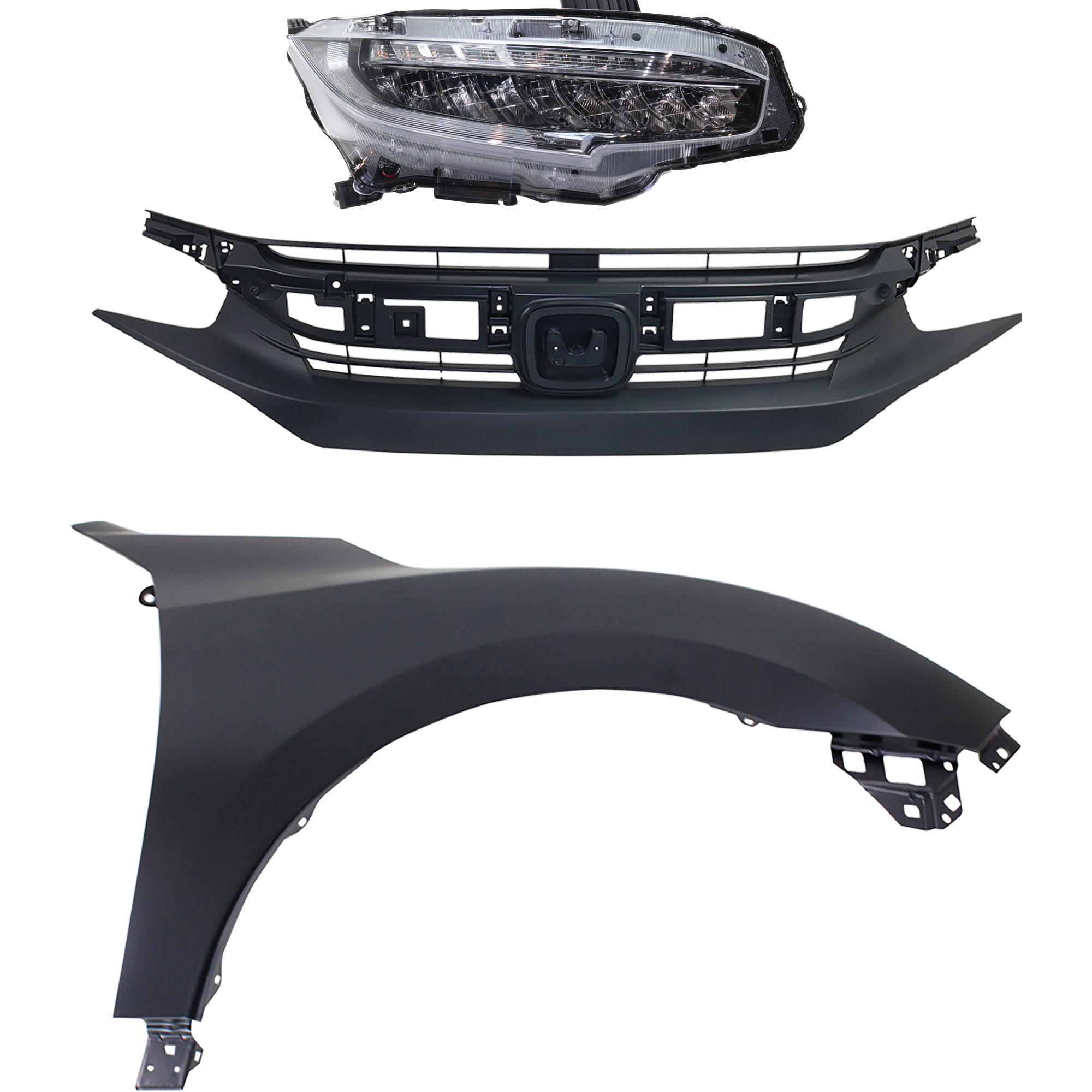 AM CIVIC 19-19 HEAD LAMP RH Assembly LED 3 pc Kit with Fender and Grille Assembly SKU KIT 030323-25401 Partslink HO2503176 HO1241195 HO1200242 OEM 33100TBAA11-60211TGGA00ZZ 7112