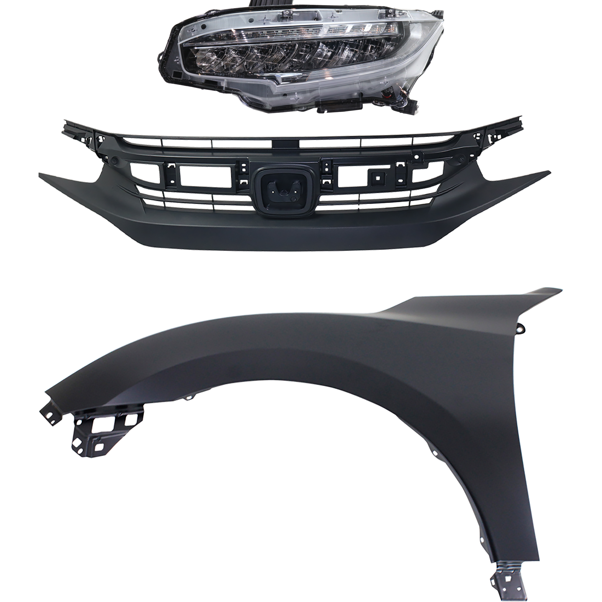 AM CIVIC 19-19 HEAD LAMP LH Assembly LED 3 pc Kit with Fender and Grille Assembly SKU KIT 030323-25402 Partslink HO2502176 HO1240195 HO1200242 OEM 33150TBAA11-60261TGGA00ZZ 7112