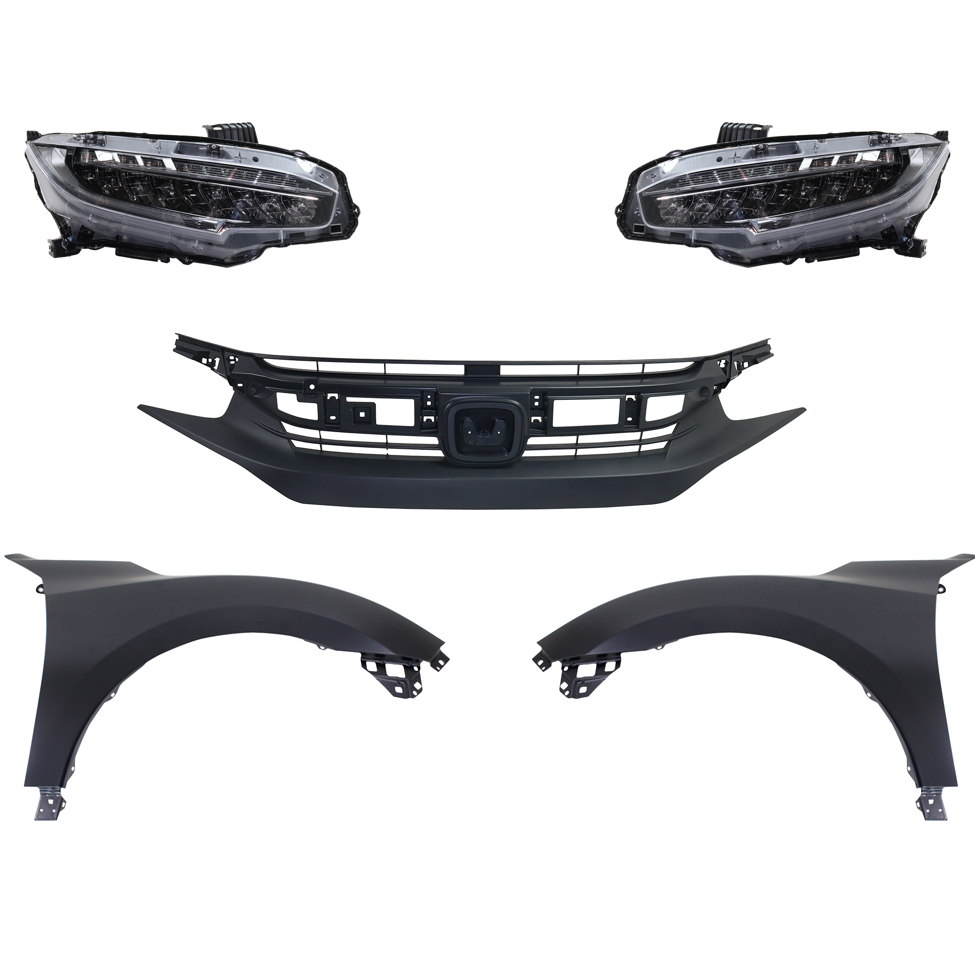 AM CIVIC 19-19 HEAD LAMP RH AND LH Assembly LED 5 pc Kit with Fenders and Grille Assembly SKU KIT 030323-254 Partslink HO2502176 HO2503176 HO1240195 HO1241195 HO1200242 OEM 33100TBAA11-33150TBAA11-60261T