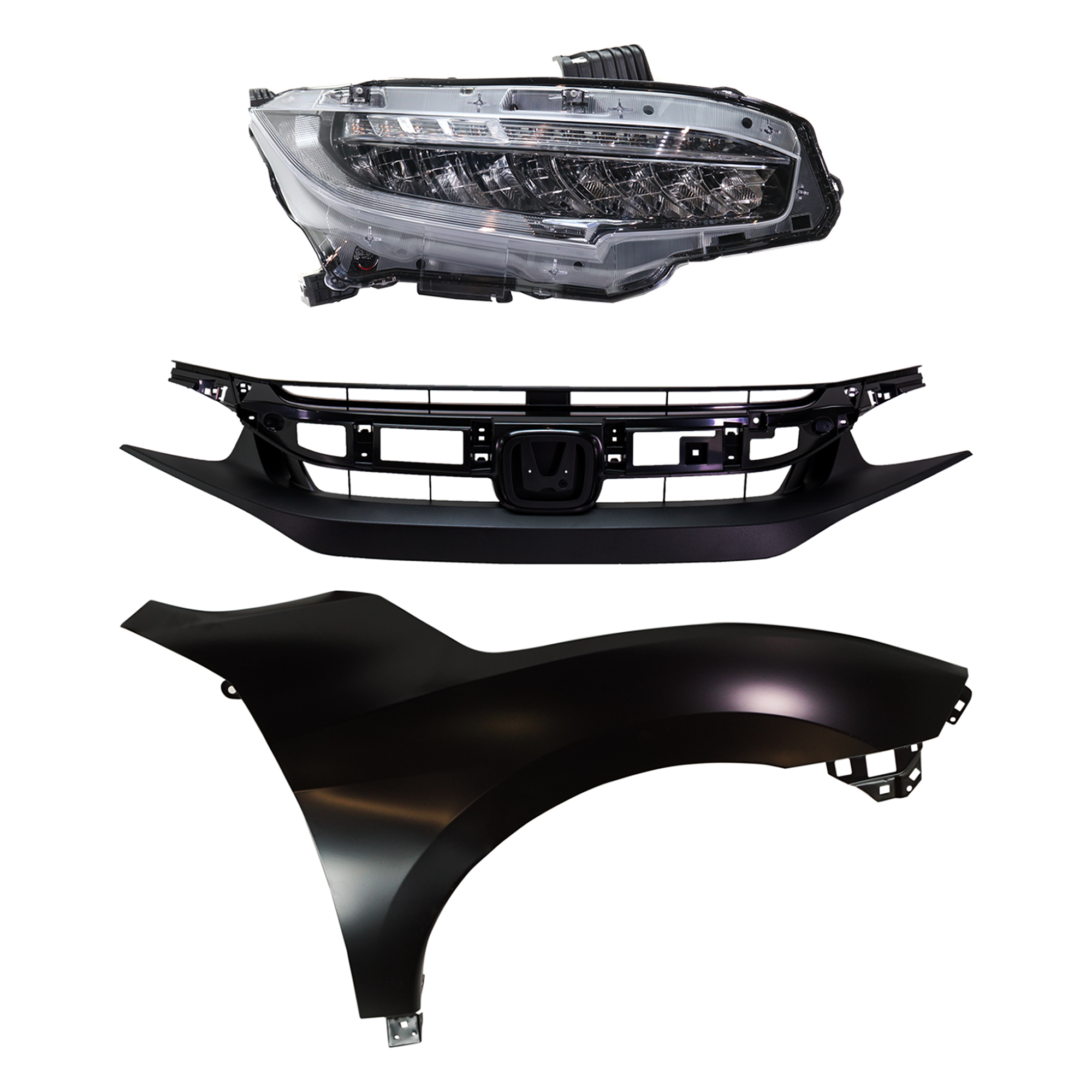 AM CIVIC 19-19 HEAD LAMP RH Assembly LED 3 pc Kit with Fender and Grille SKU KIT 030323-25501 Partslink HO2503176 HO1241200 HO1200241 OEM 33100TBAA11-60211TBAA50ZZ 7112