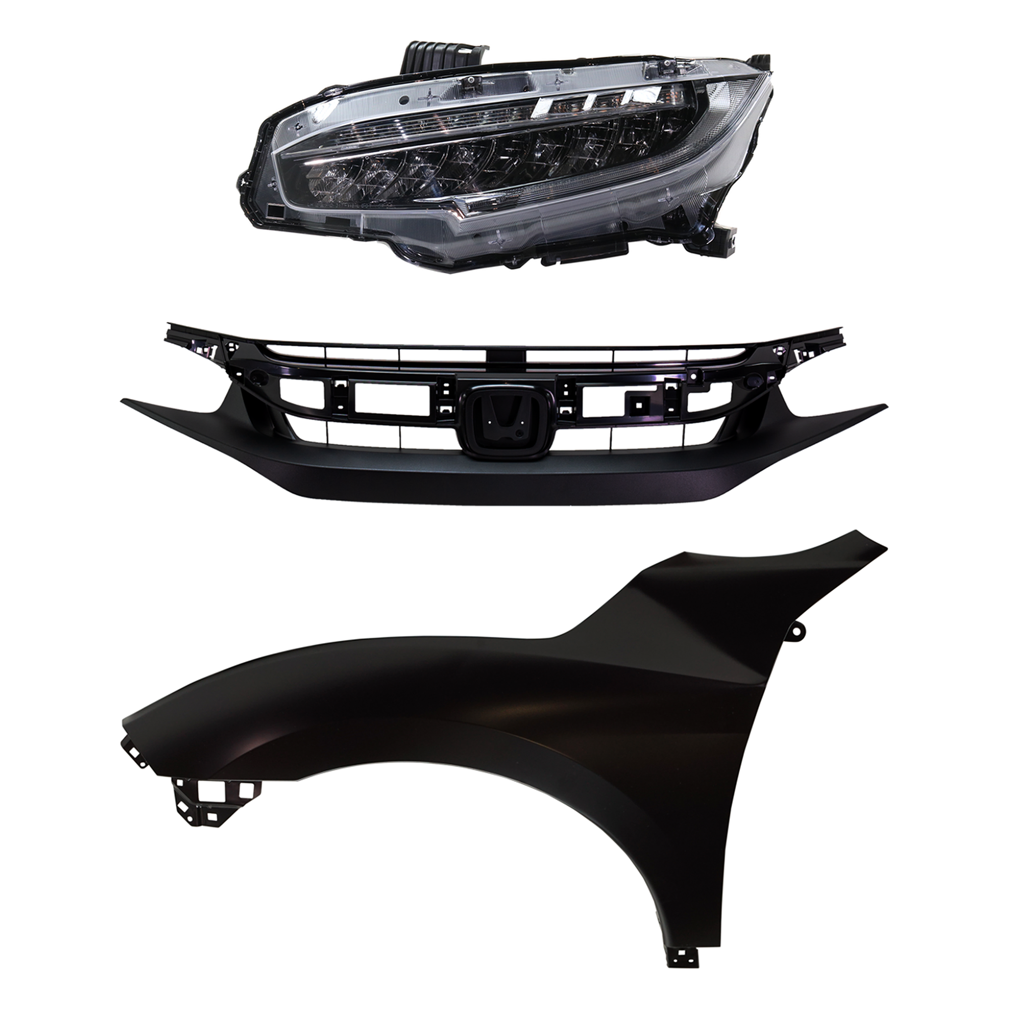 AM CIVIC 19-19 HEAD LAMP LH Assembly LED 3 pc Kit with Fender and Grille SKU KIT 030323-25502 Partslink HO2502176 HO1240200 HO1200241 OEM 33150TBAA11-60261TBAA50ZZ 7112