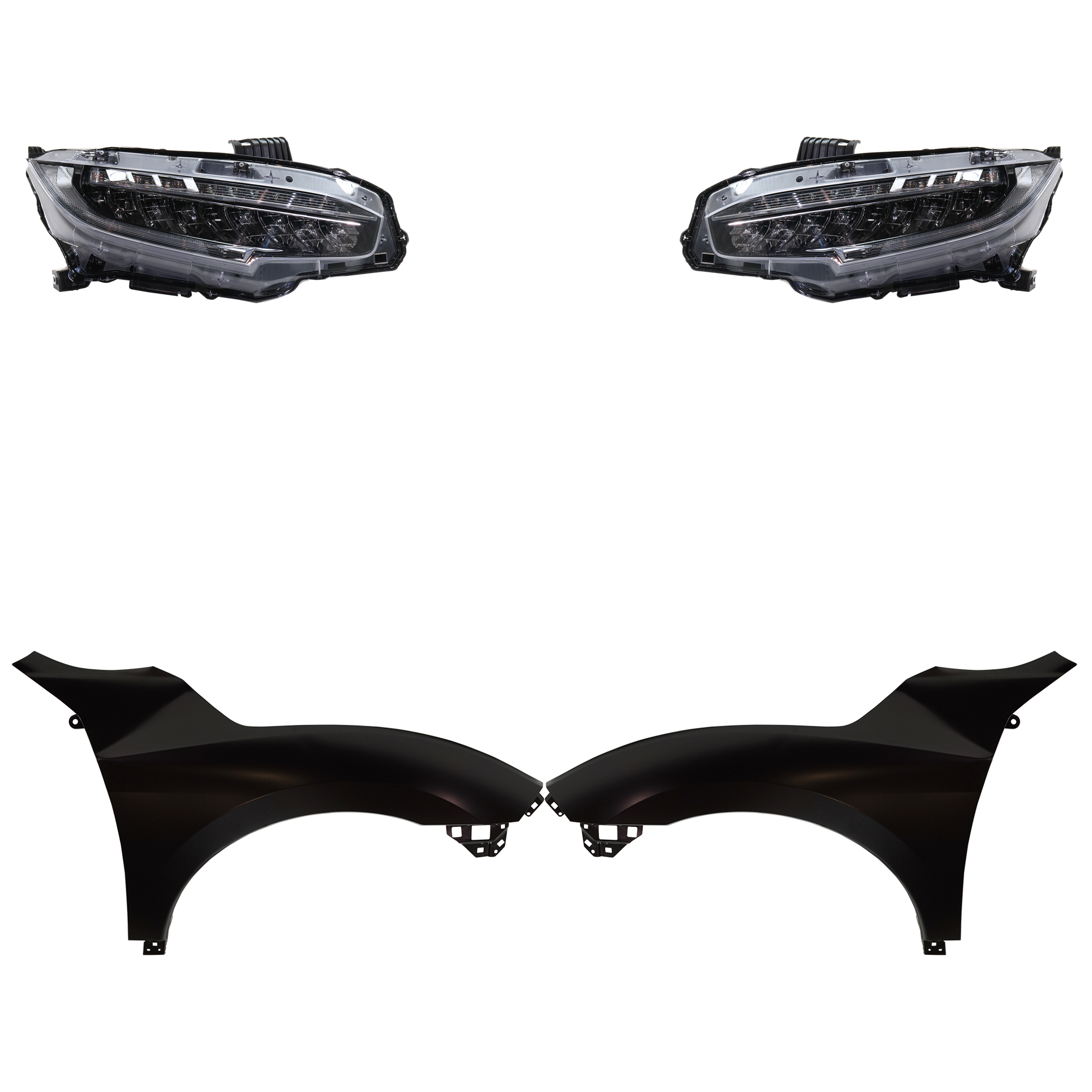 AM CIVIC 19-19 HEAD LAMP RH AND LH Assembly LED 4 pc Kit with Fenders SKU KIT 030323-25503 Partslink HO2502176 HO2503176 HO1240200 HO1241200 OEM 33100TBAA11-33150TBAA11-60261T