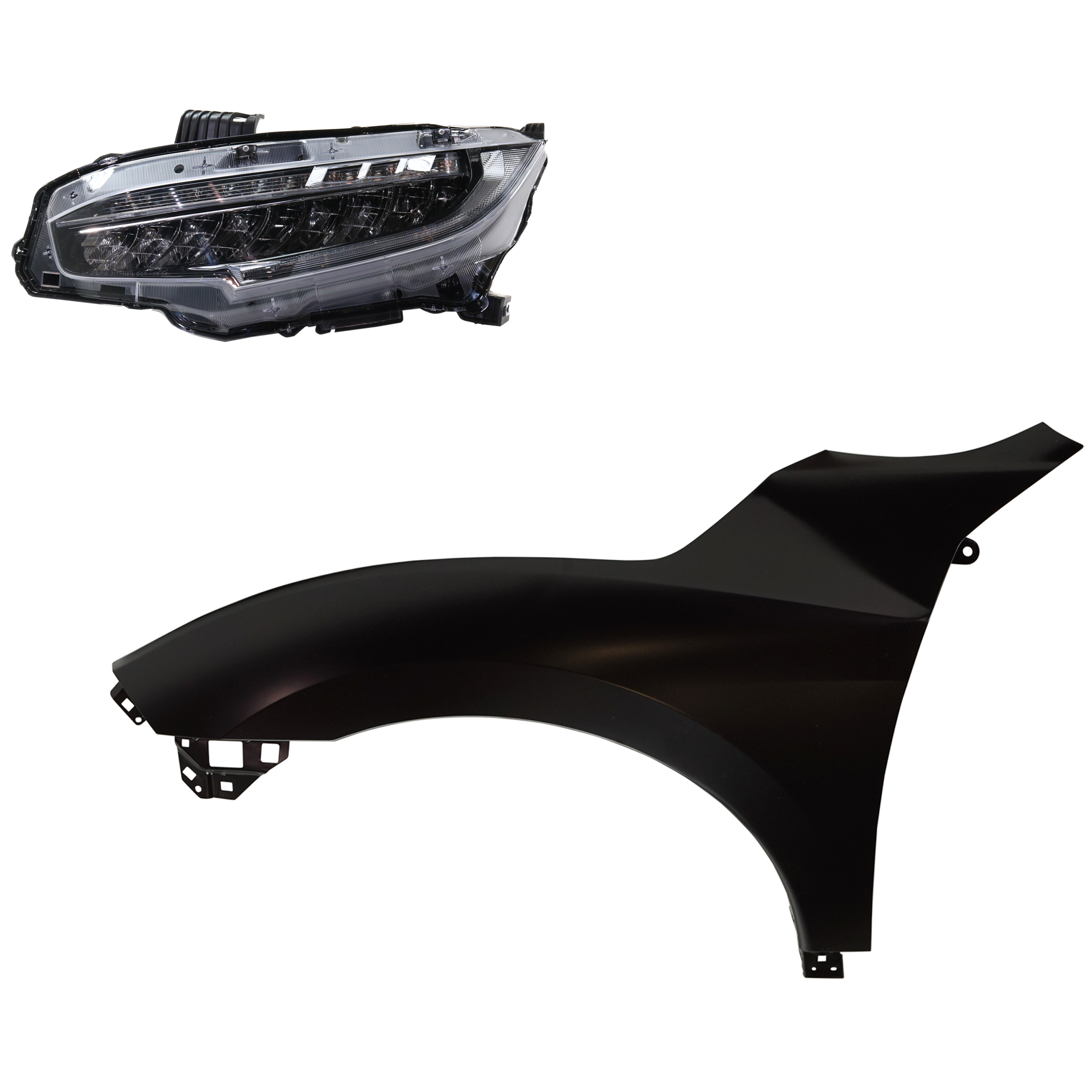 AM CIVIC 19-19 HEAD LAMP LH Assembly LED 2 pc Kit with Fender SKU KIT 030323-25505 Partslink HO2502176 HO1240200 OEM 33150TBAA11-60261TBAA50ZZ