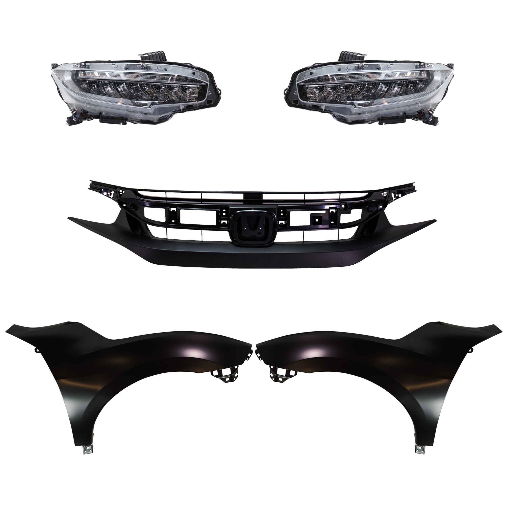 AM CIVIC 19-19 HEAD LAMP RH AND LH Assembly LED 5 pc Kit with Fenders and Grille SKU KIT 030323-255 Partslink HO2502176 HO2503176 HO1240200 HO1241200 HO1200241 OEM 33100TBAA11-33150TBAA11-60261T