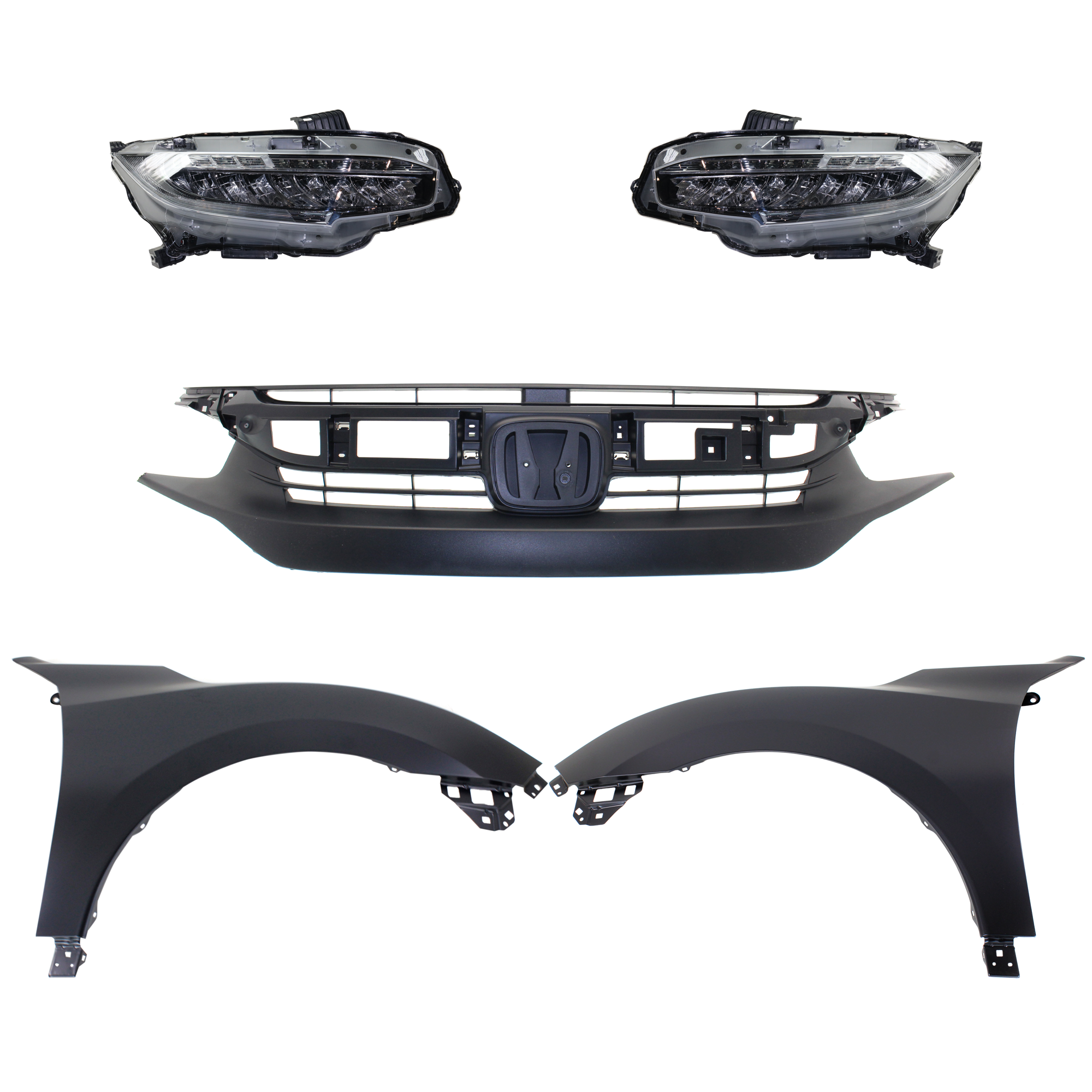 AM CIVIC 16-18 HEAD LAMP RH AND LH Assembly LED 5 pc Kit with Fenders and Grille CAPA SKU KIT 030323-257 Partslink HO1200231C HO1240192C HO1241192C HO2502176C HO2503176C OEM 33100TBAA11-33150TBAA11-60211T