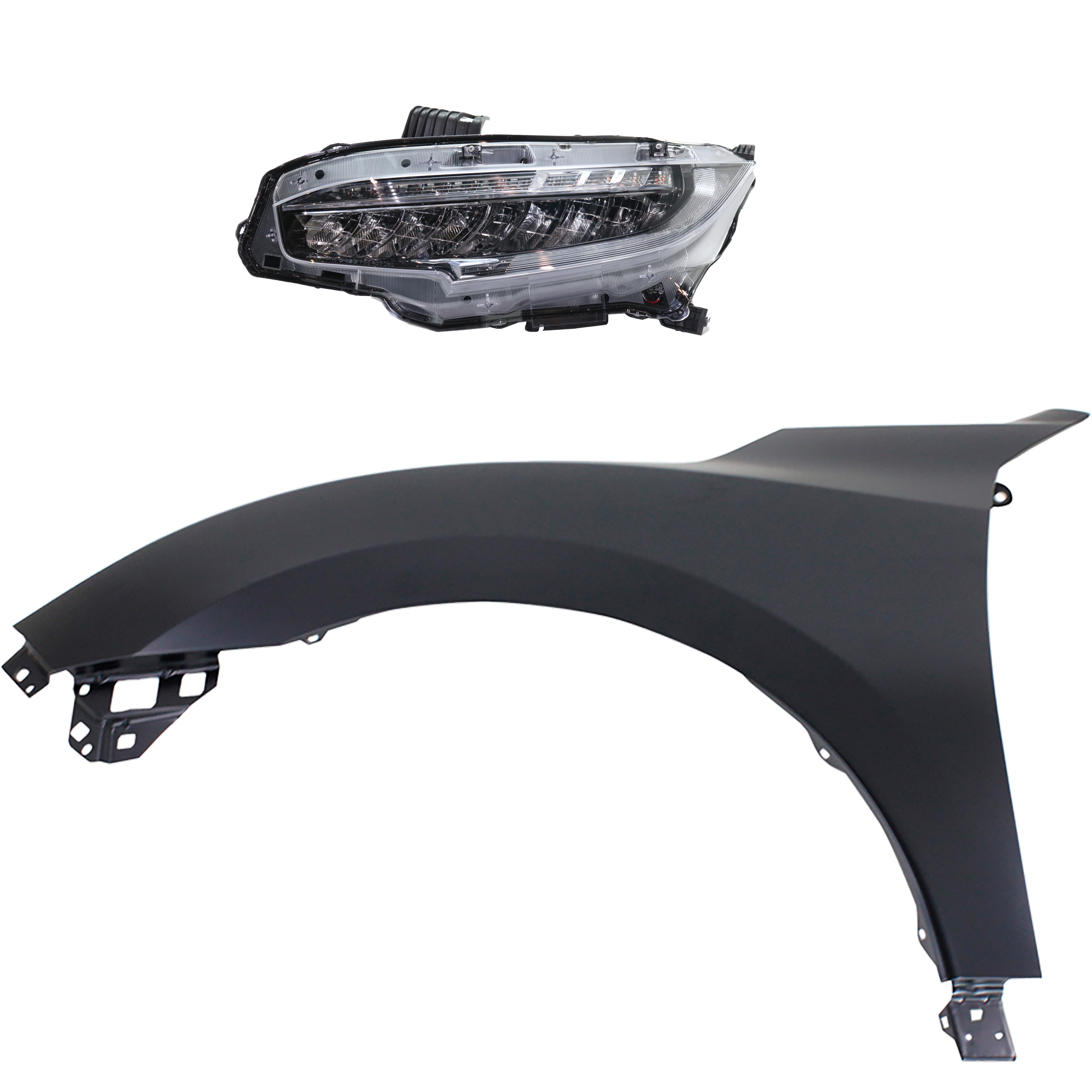 AM CIVIC 17-19 HEAD LAMP LH Assembly LED 2 pc Kit with Fender SKU KIT 030323-26005 Partslink HO1240195C HO2502176C OEM 33150TBAA11-60261TGGA00ZZ