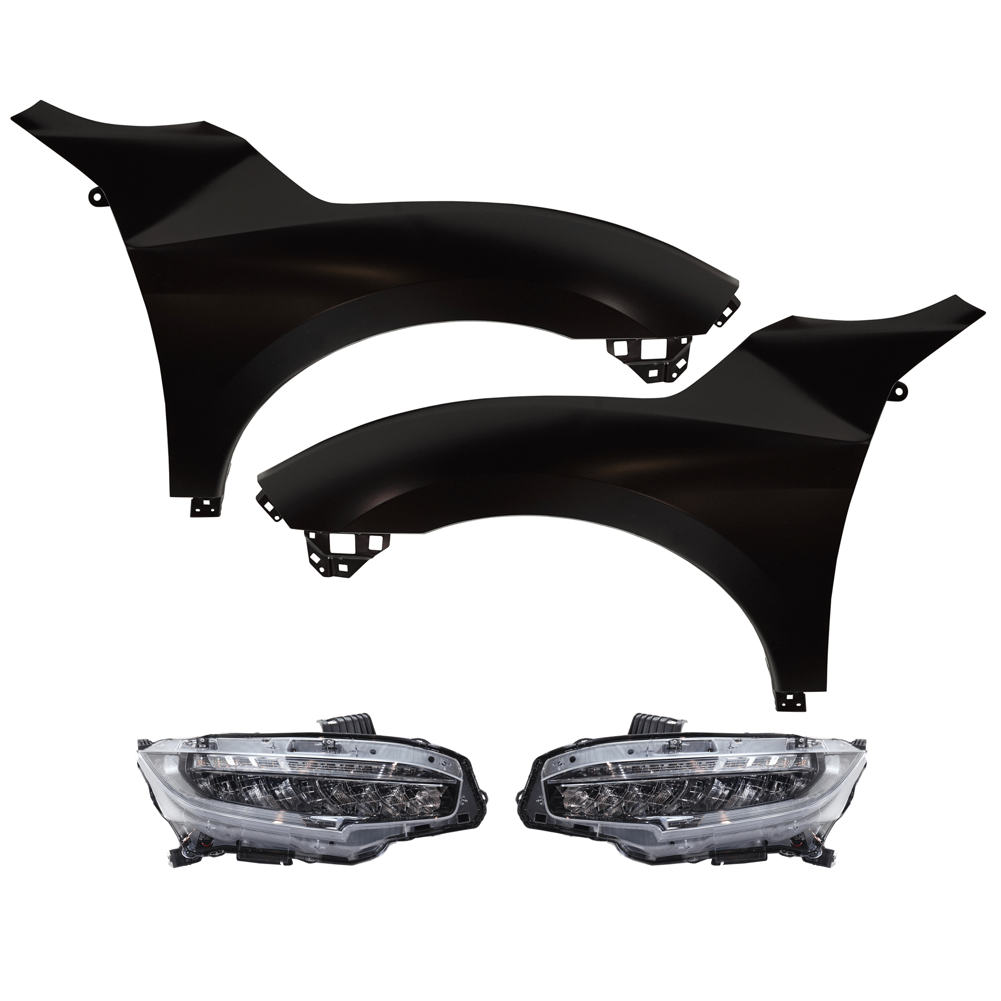 AM CIVIC 19-19 HEAD LAMP RH AND LH Assembly LED 4 pc Kit with Fenders SKU KIT 030323-26203 Partslink HO1240200C HO1241200C HO2502176C HO2503176C OEM 33100TBAA11-33150TBAA11-60211T