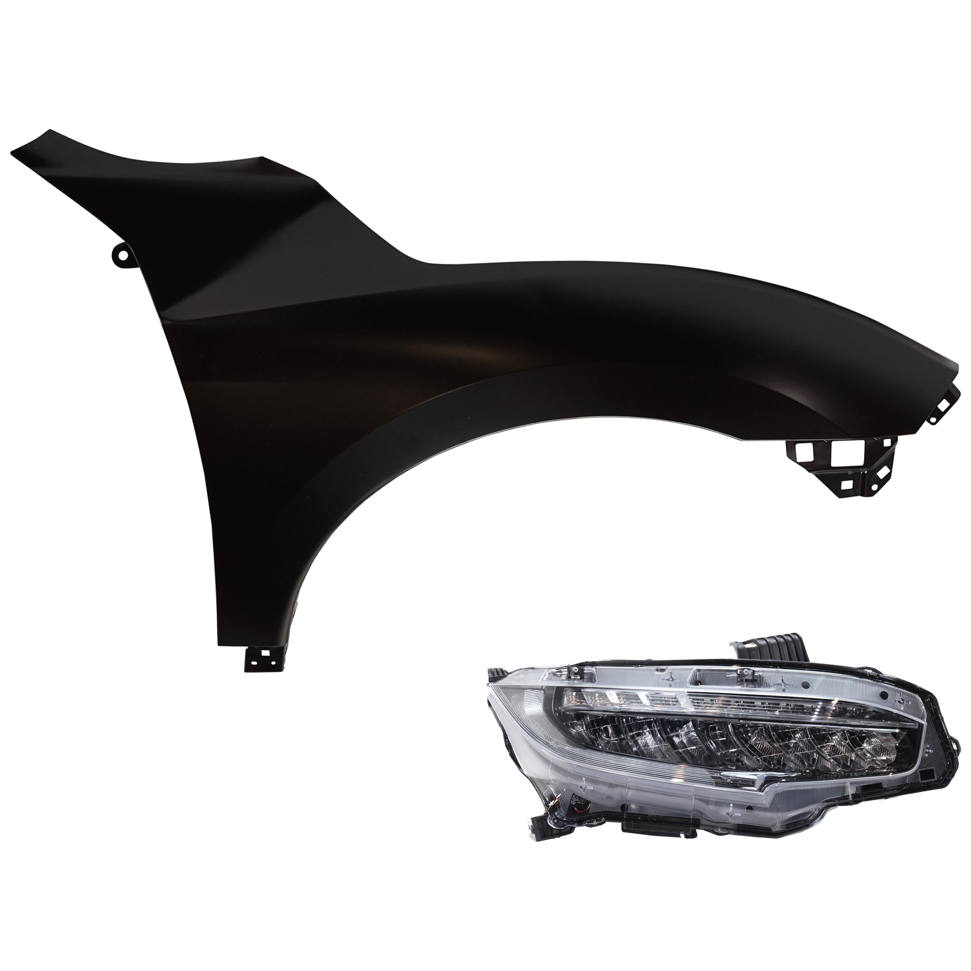 AM CIVIC 19-19 HEAD LAMP RH Assembly LED 2 pc Kit with Fender SKU KIT 030323-26204 Partslink HO1241200C HO2503176C OEM 33100TBAA11-60211TBAA50ZZ