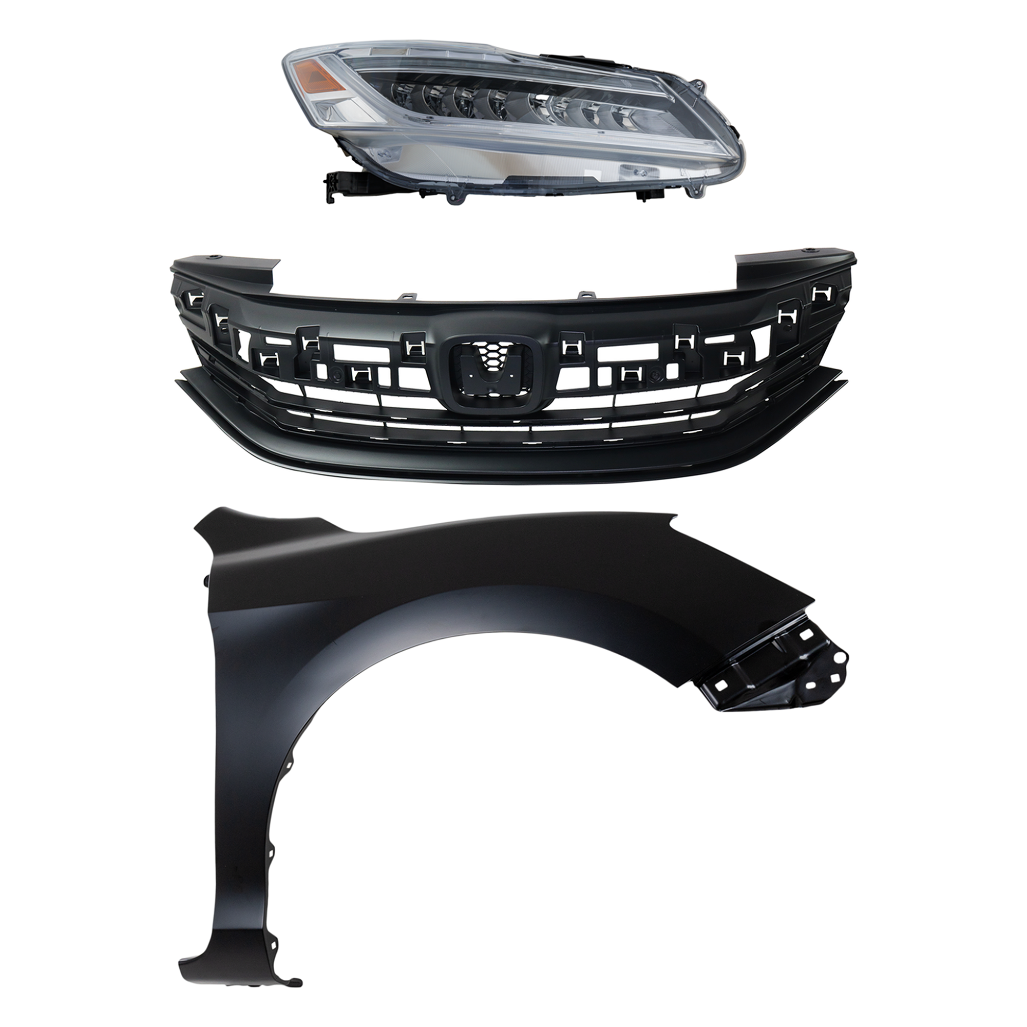 AM ACCORD 16-17 HEAD LAMP RH Assembly LED 3 pc Kit with Fender and Grille Assembly SKU KIT 030323-26301 Partslink HO2503174 HO1241185 HO1200229 OEM 33100T2AA32-60211T2FA90ZZ 7112