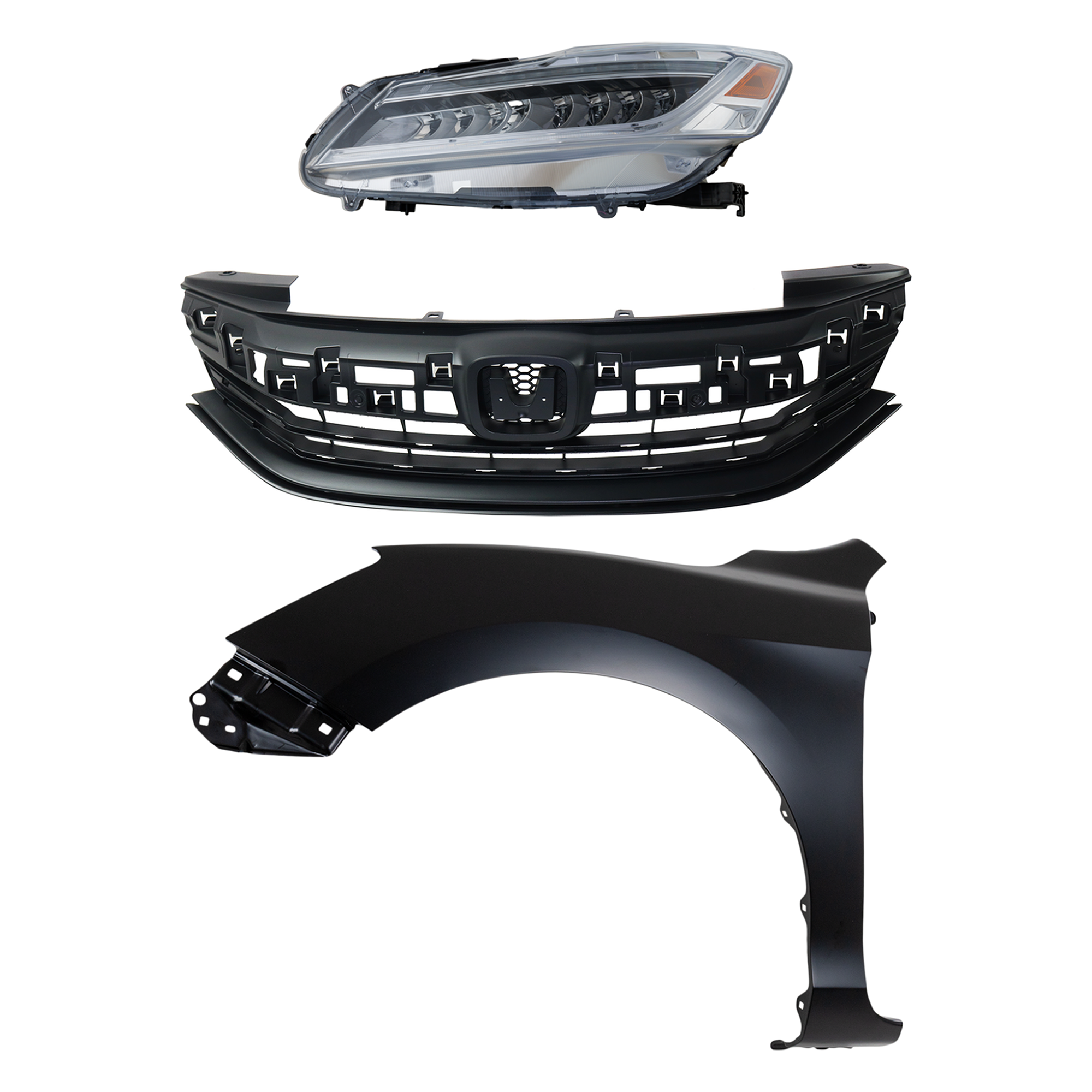 AM ACCORD 16-17 HEAD LAMP LH Assembly LED 3 pc Kit with Fender and Grille SKU KIT 030323-26302 Partslink HO2502174 HO1240185 HO1200229 OEM 33150T2AA32-60261T2FA90ZZ 7112
